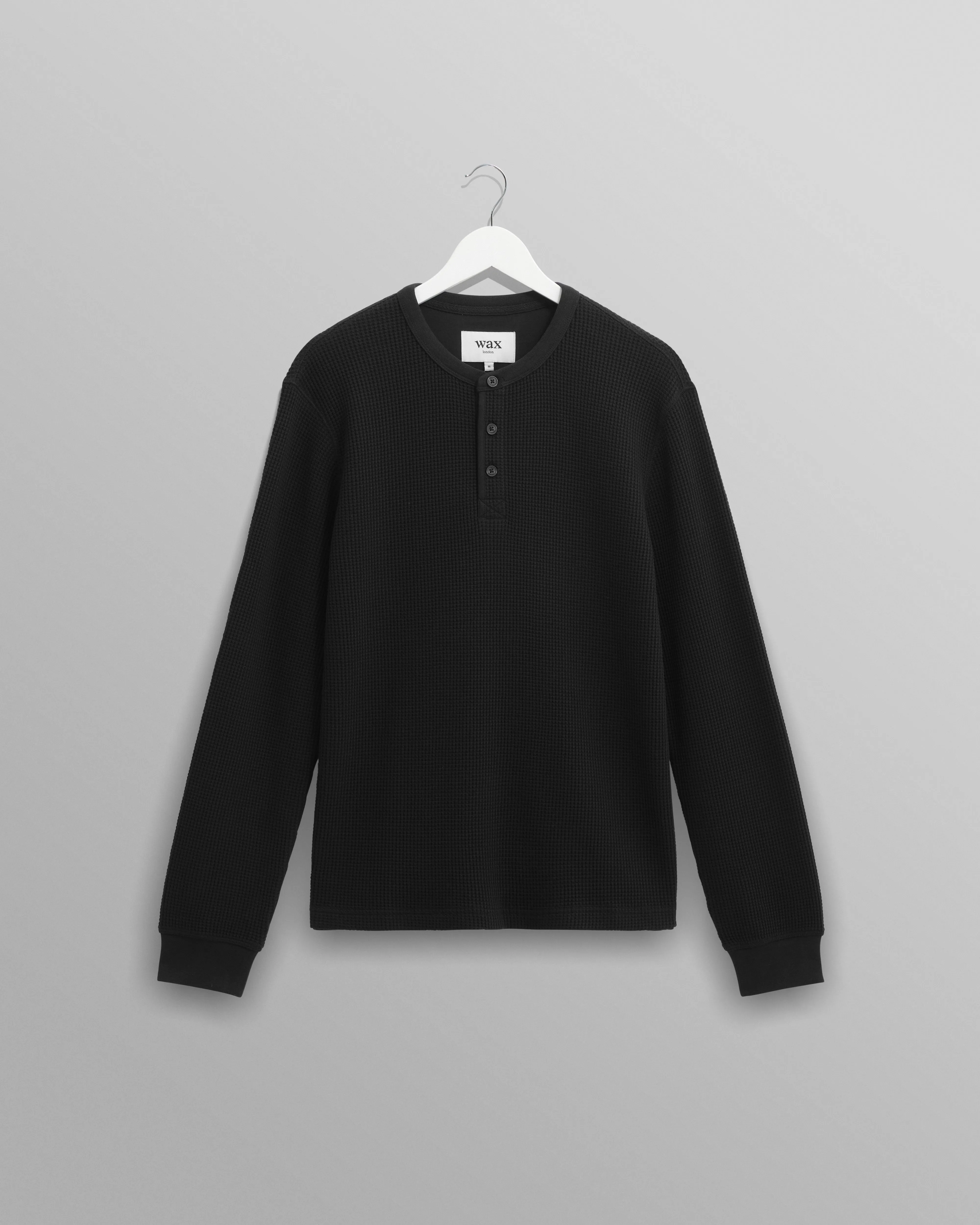 Halton - Black Waffle Long-Sleeve Henley T-Shirt sold by Wax London