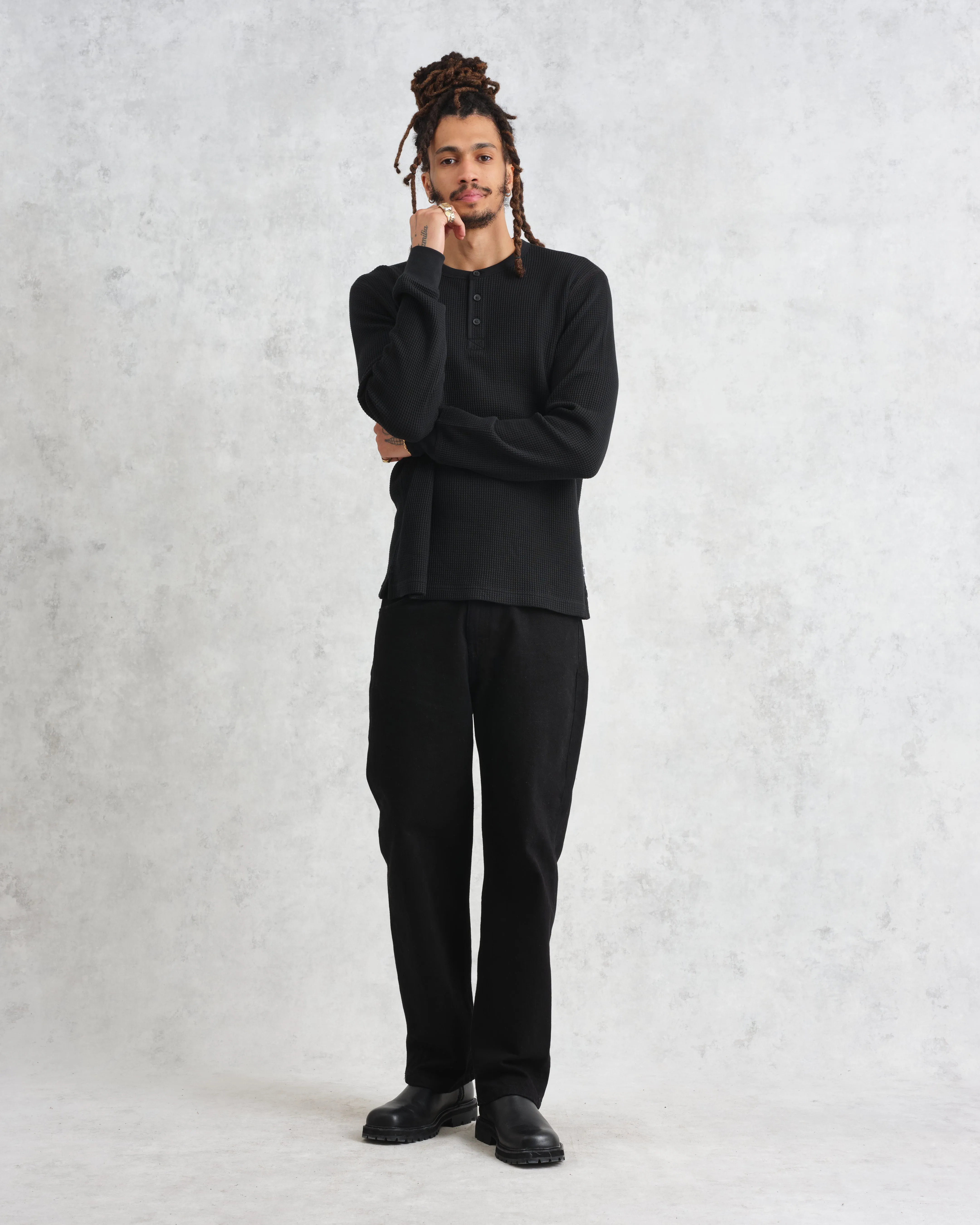 Halton - Black Waffle Long-Sleeve Henley T-Shirt sold by Wax London product image thumbnail 4