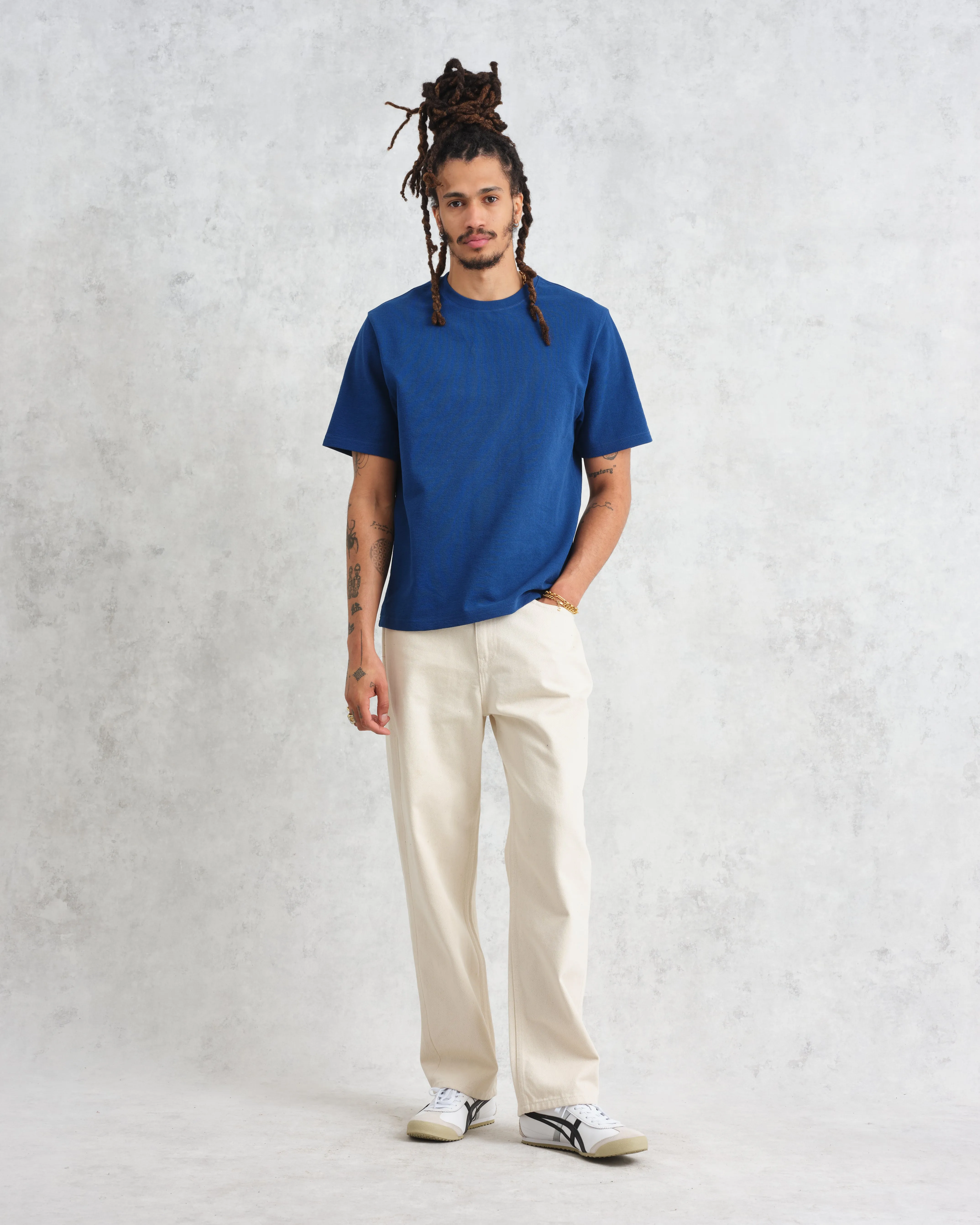 Dean - Blue Textured Organic Cotton T-Shirt sold by Wax London product image thumbnail 3