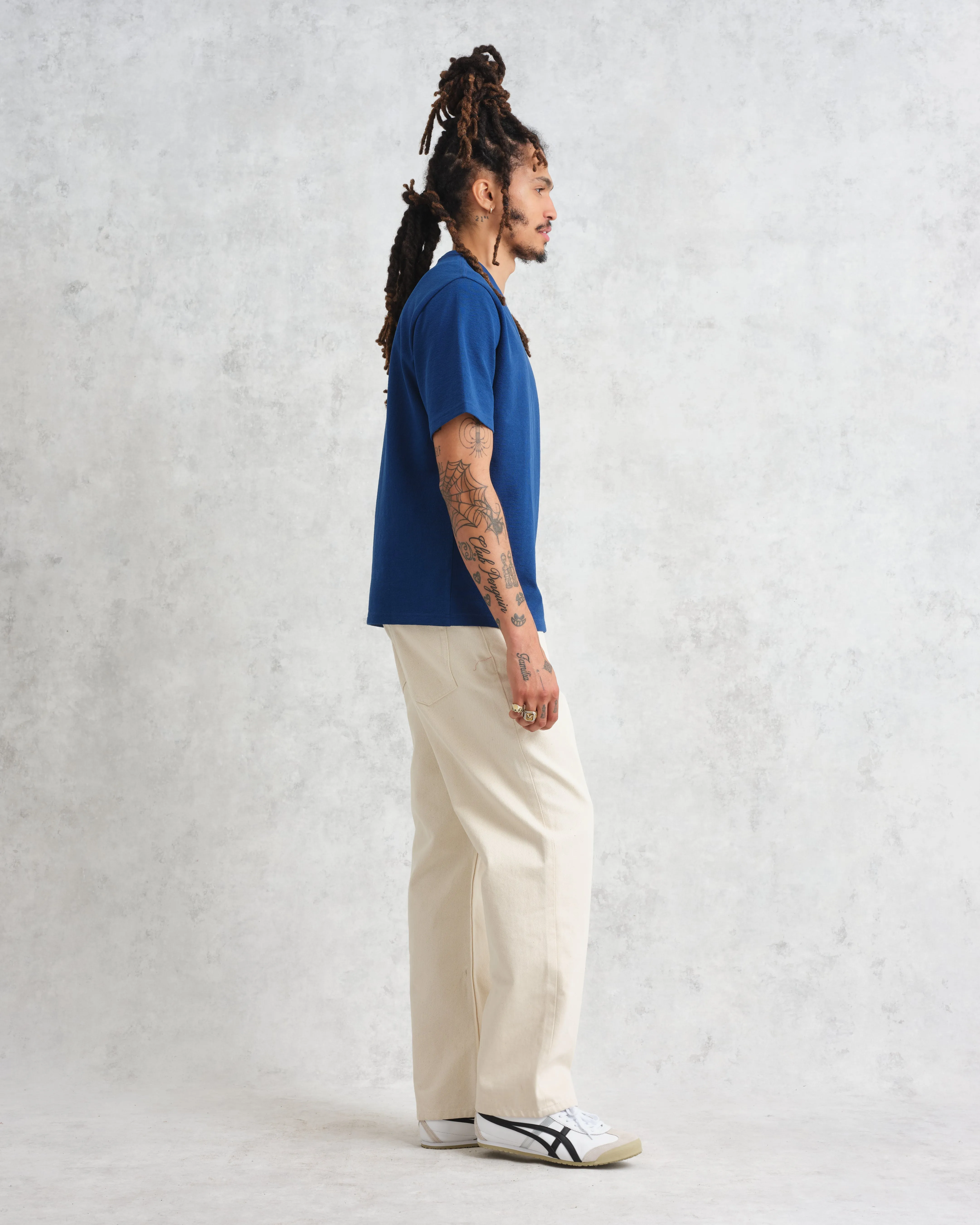 Dean - Blue Textured Organic Cotton T-Shirt sold by Wax London product image thumbnail 4