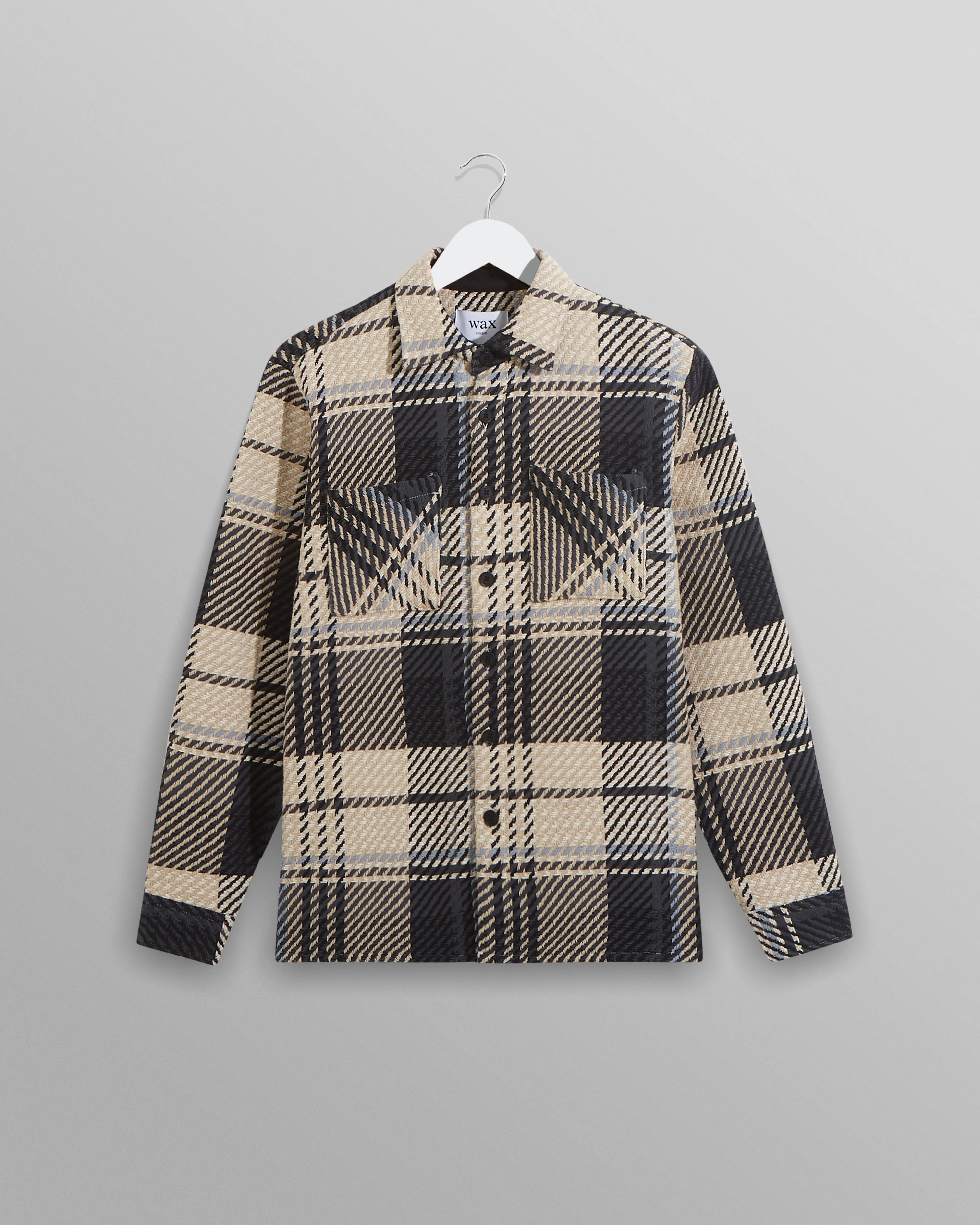 Whiting Overshirt Black/Ecru Spear Check sold by Wax London
