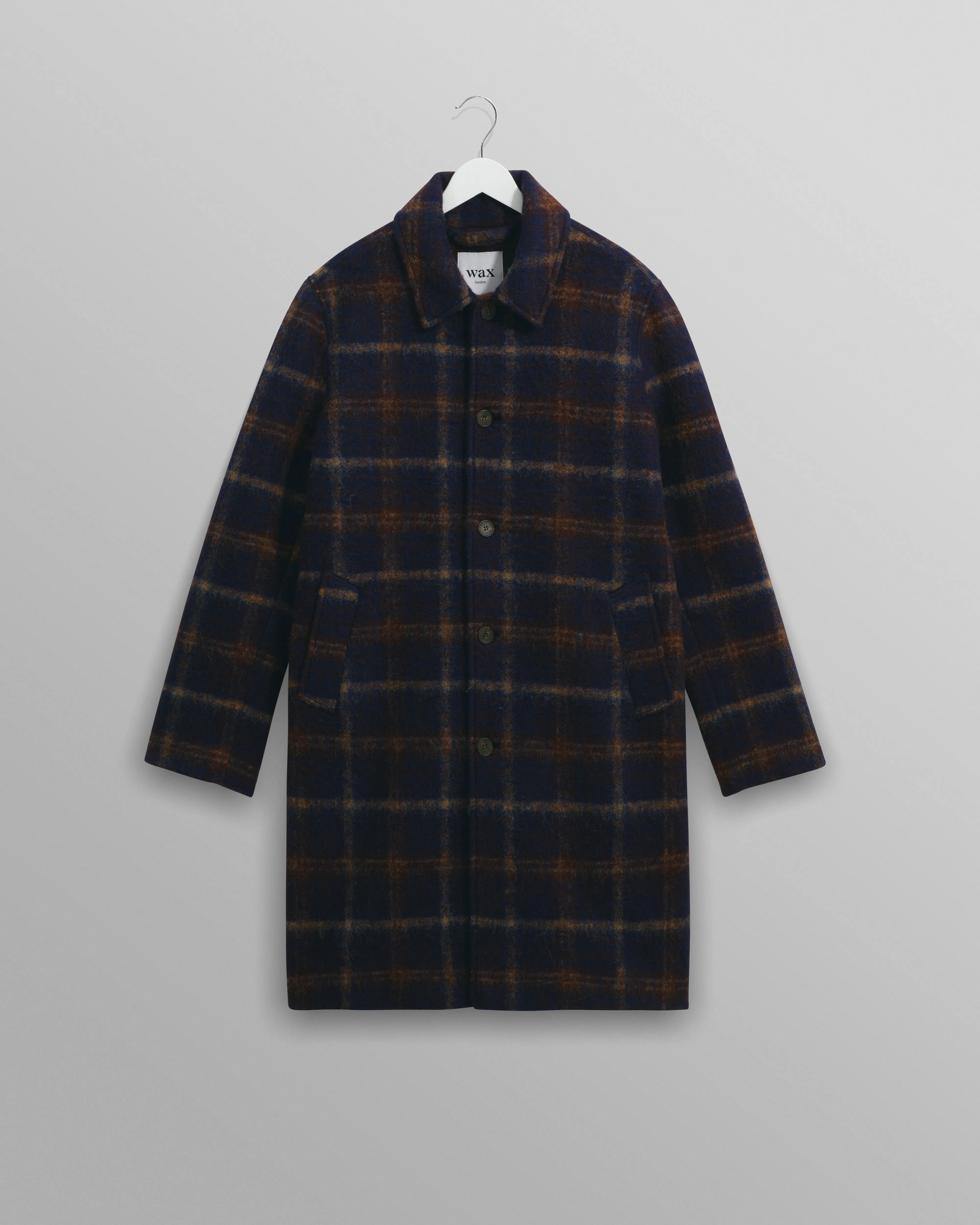 Stan - Navy Check Wool Car Coat sold by Wax London