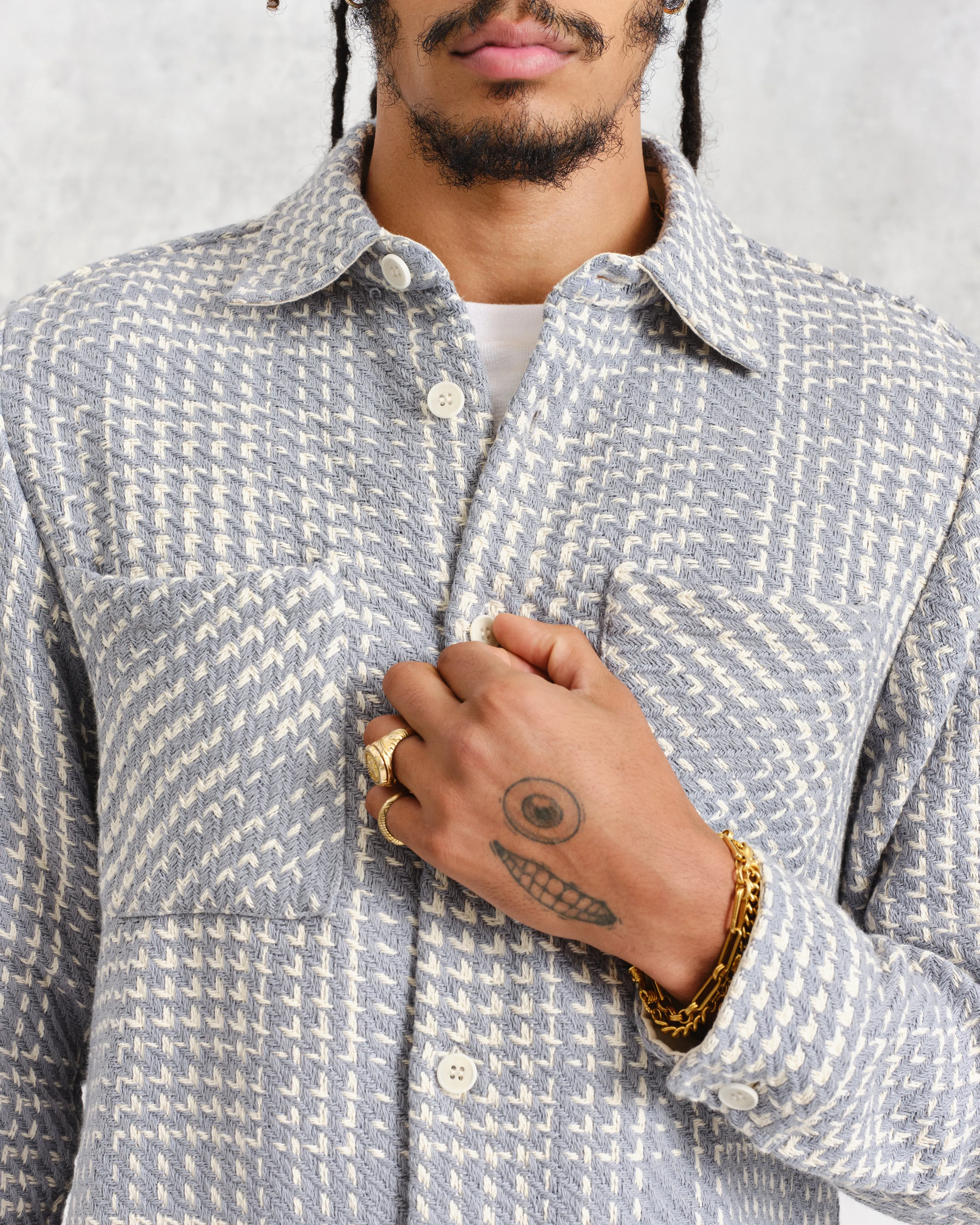 Whiting Overshirt Blue/Ecru Twin Weave sold by Wax London product image thumbnail 3