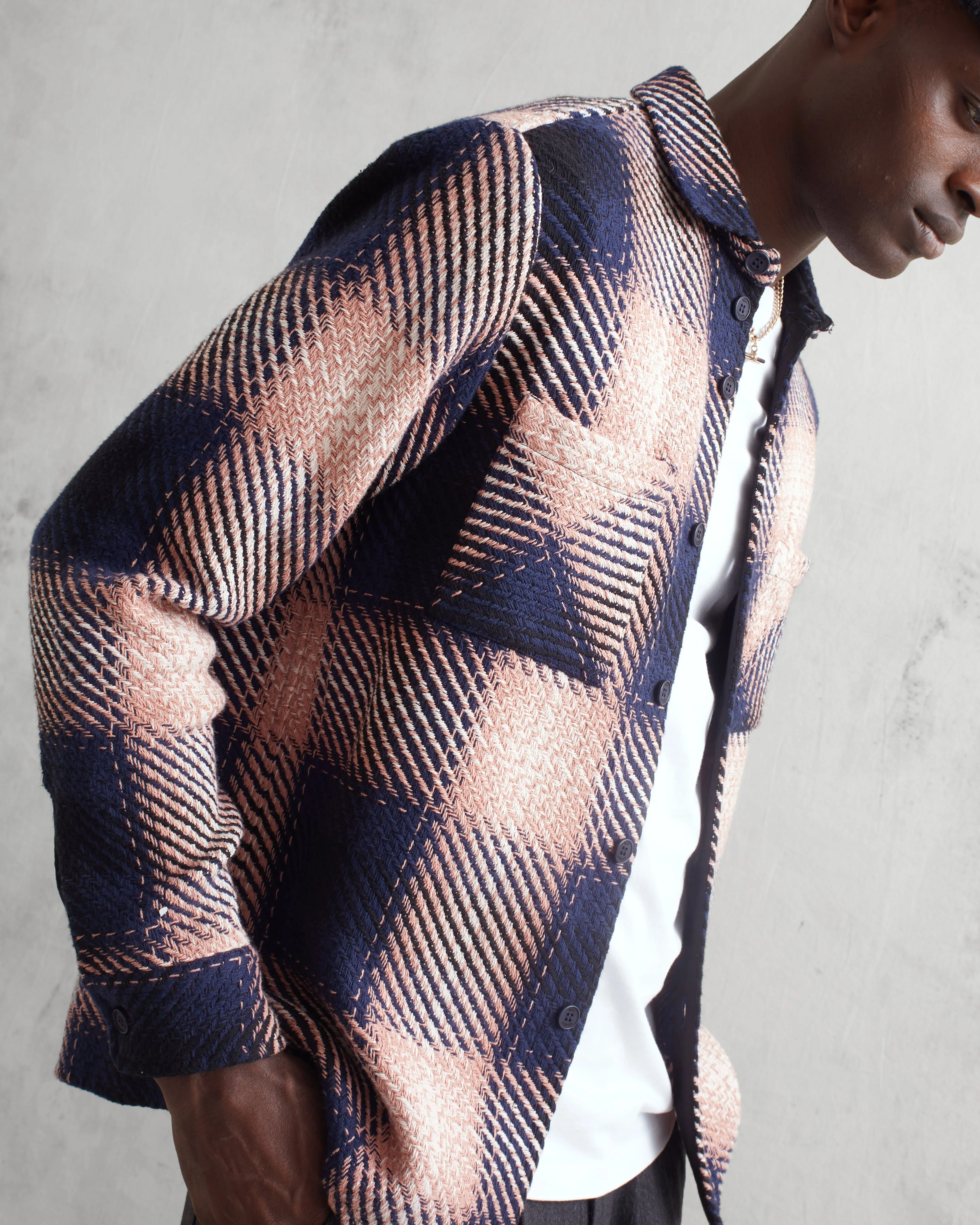 Whiting Overshirt Navy/Pink Dusk Check sold by Wax London product image thumbnail 4