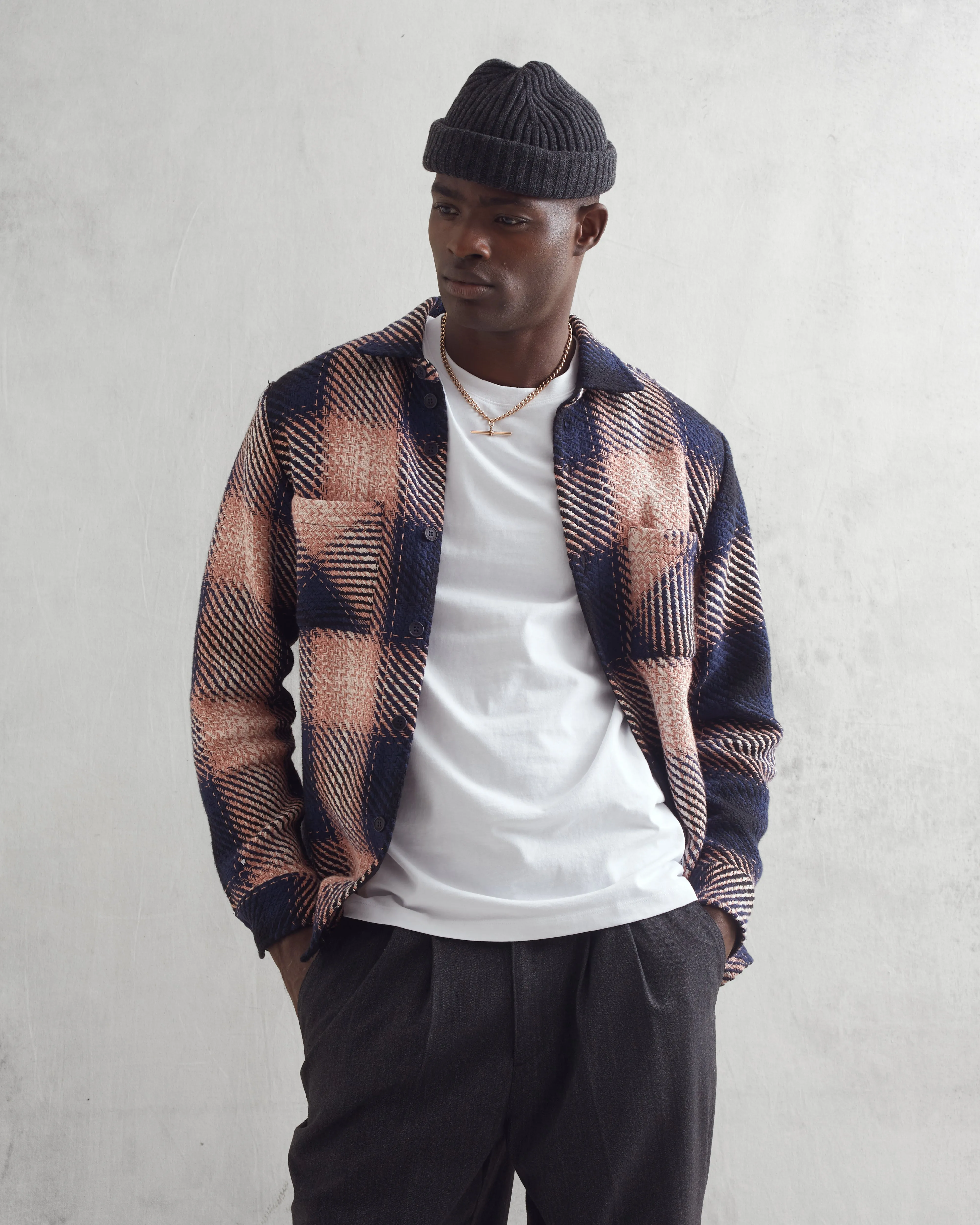 Whiting Overshirt Navy/Pink Dusk Check sold by Wax London product image thumbnail 3