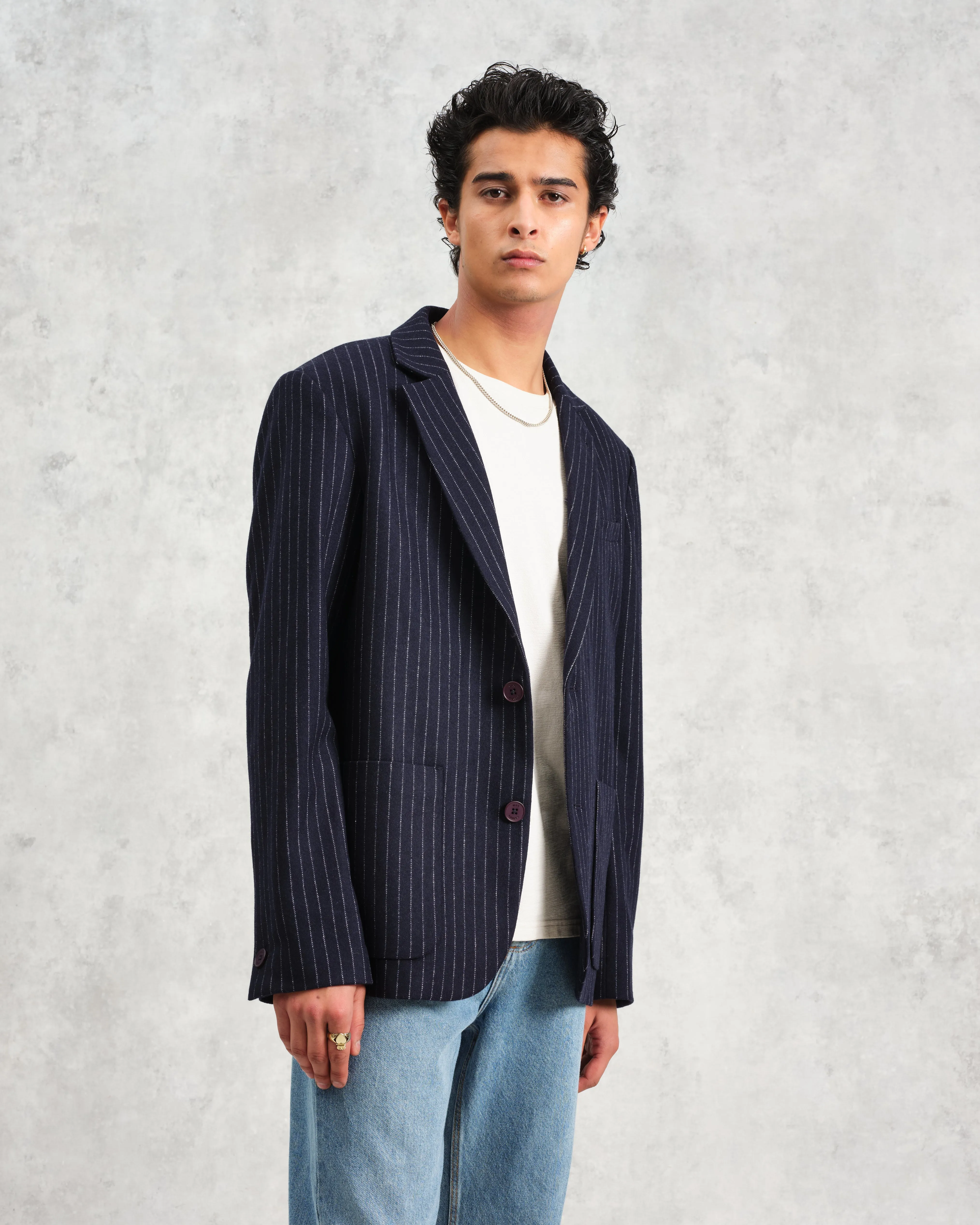 Fintry - Navy Pinstripe Wool Blazer sold by Wax London product image thumbnail 4