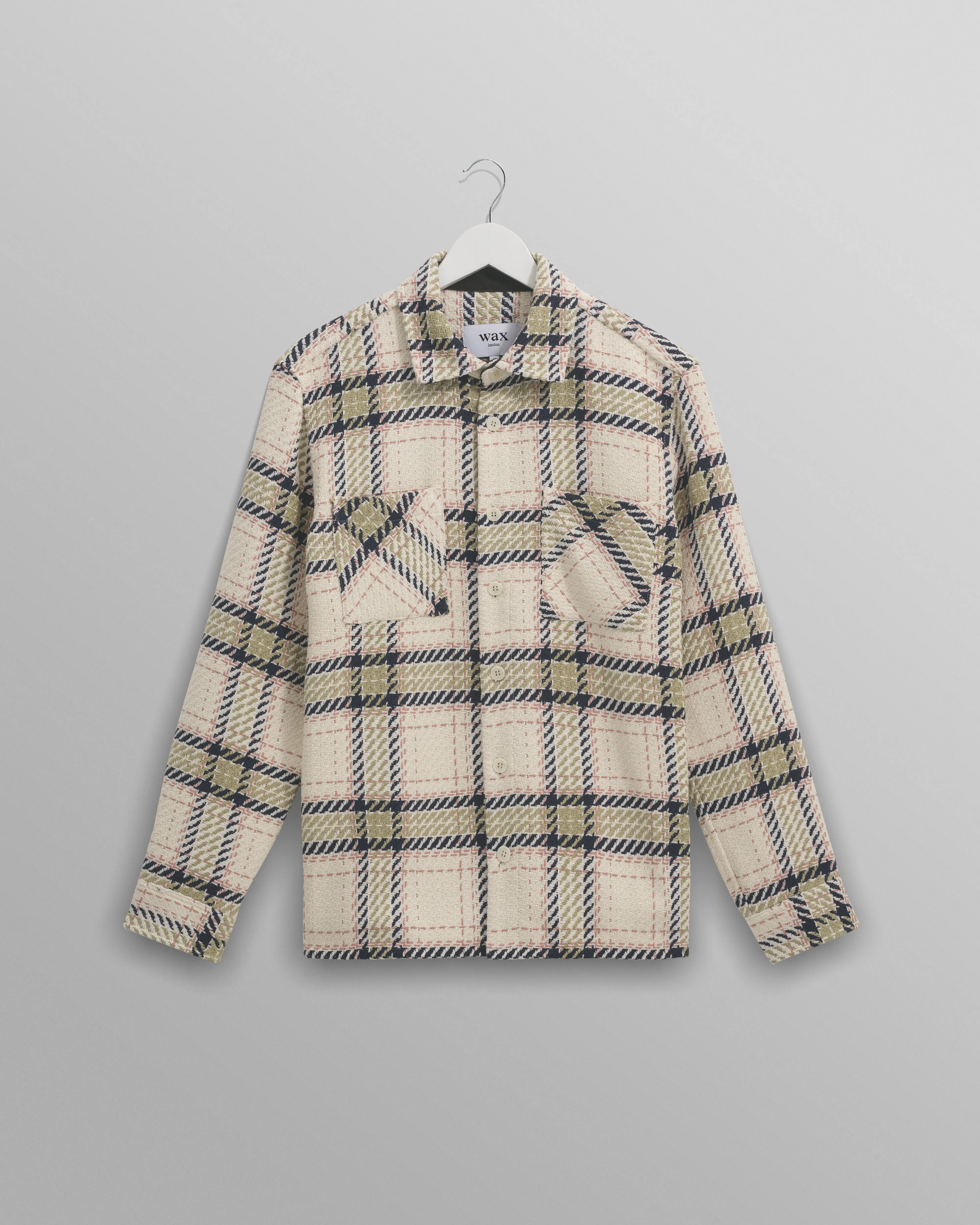 Whiting - Ecru And Sage Harp Check Overshirt sold by Wax London