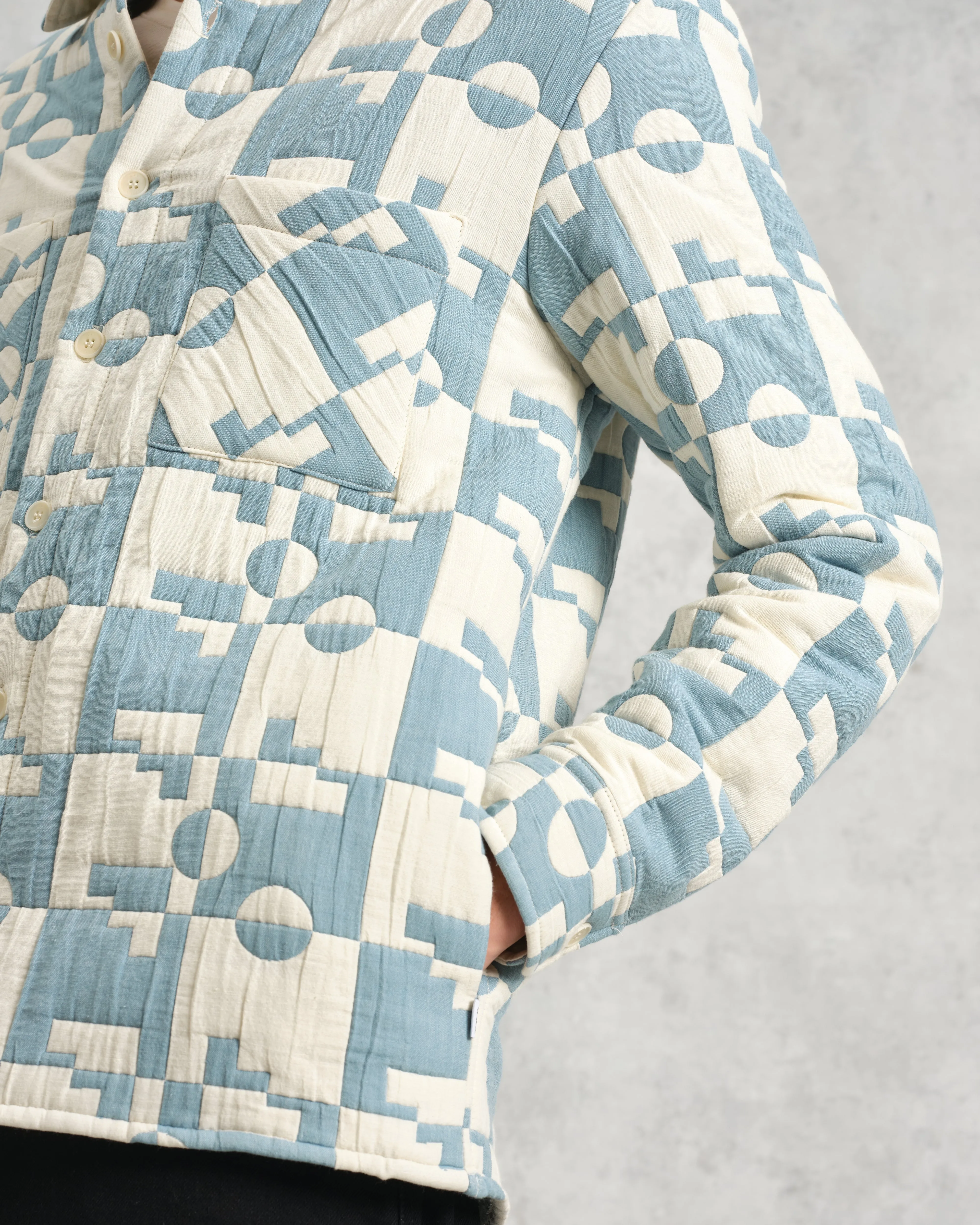 Otto - Pale Blue And Ecru Jigsaw Jacquard Overshirt sold by Wax London product image thumbnail 3