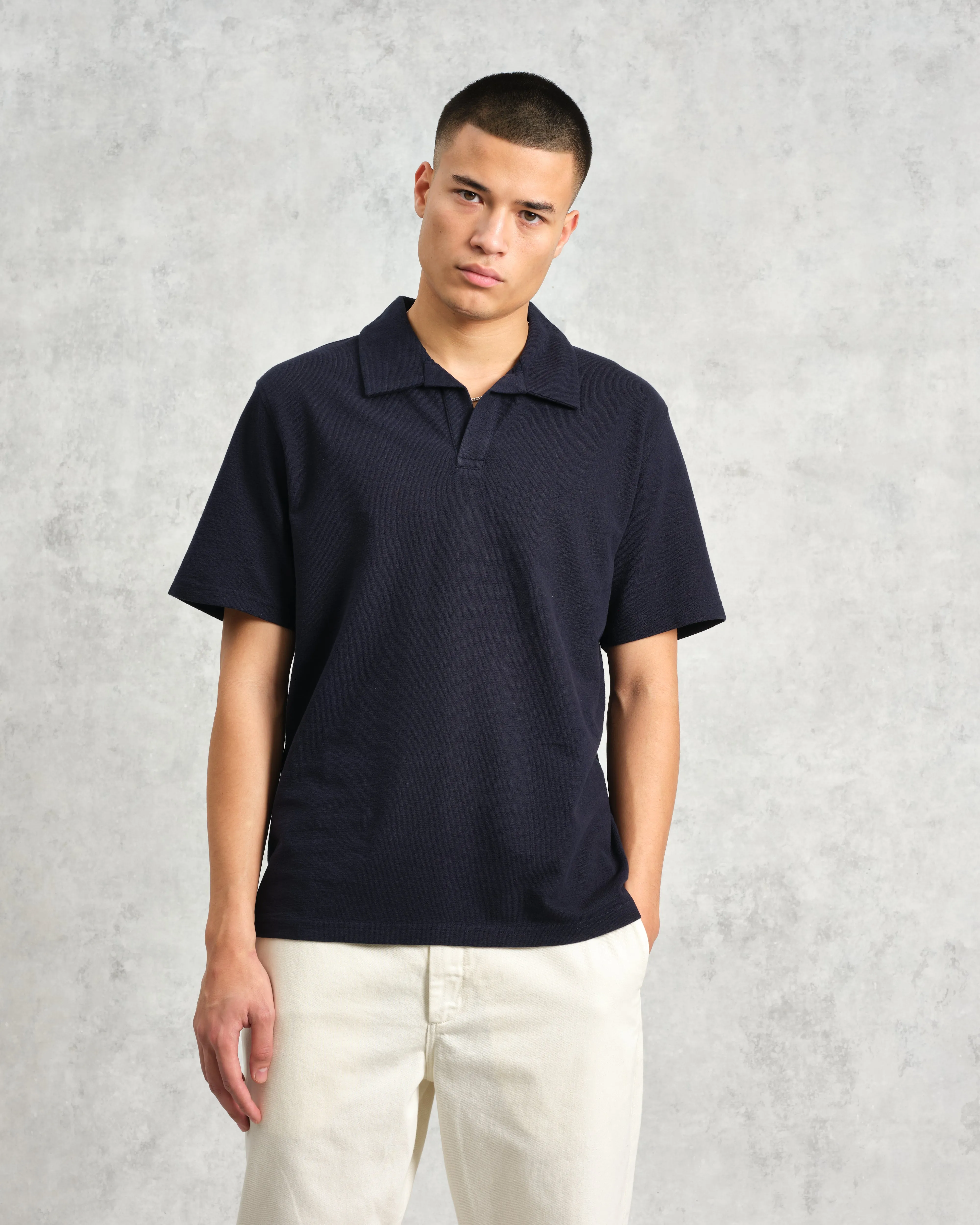 Atwood - Navy Textured Organic Cotton Polo Shirt sold by Wax London product image thumbnail 2