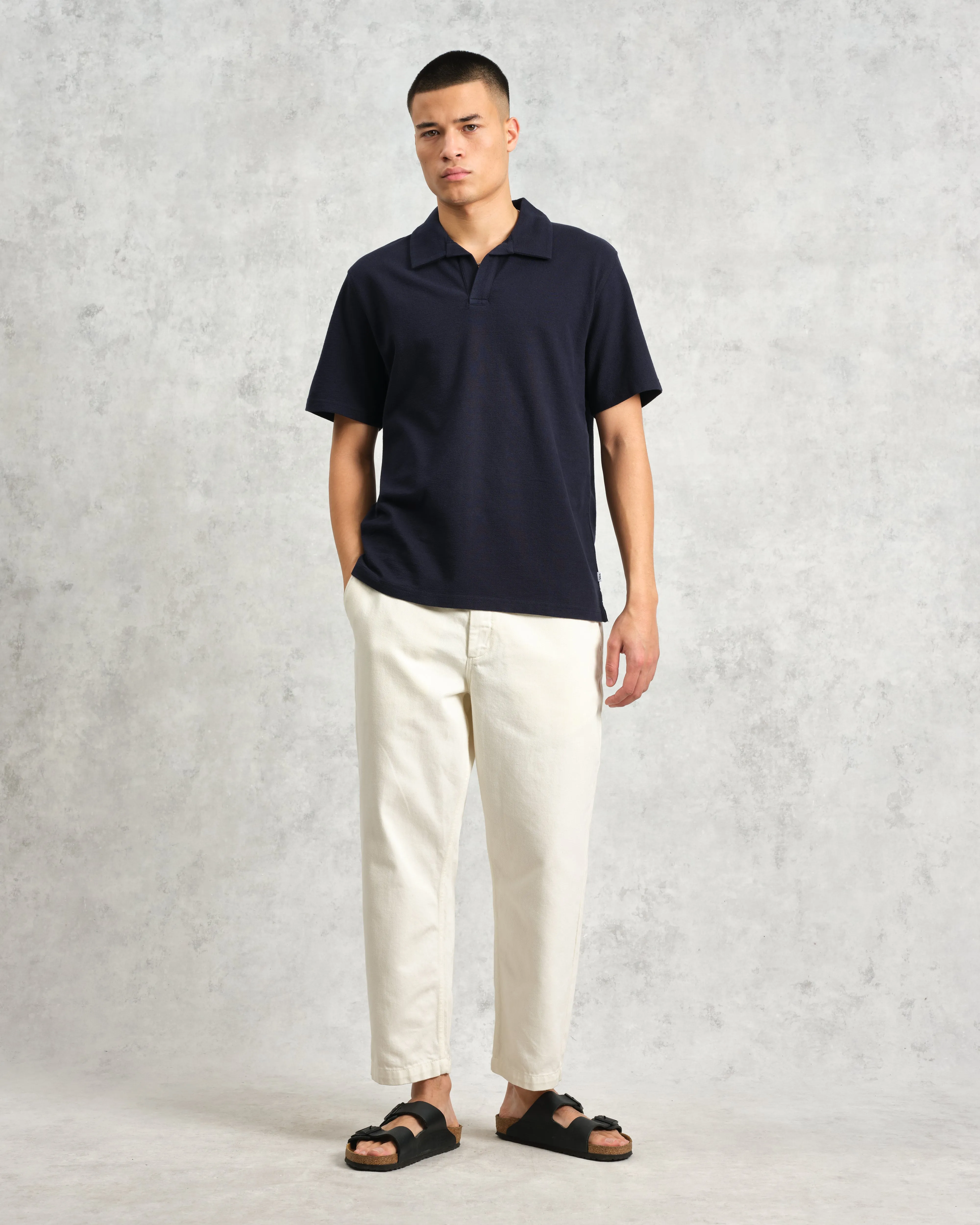 Atwood - Navy Textured Organic Cotton Polo Shirt sold by Wax London product image thumbnail 4