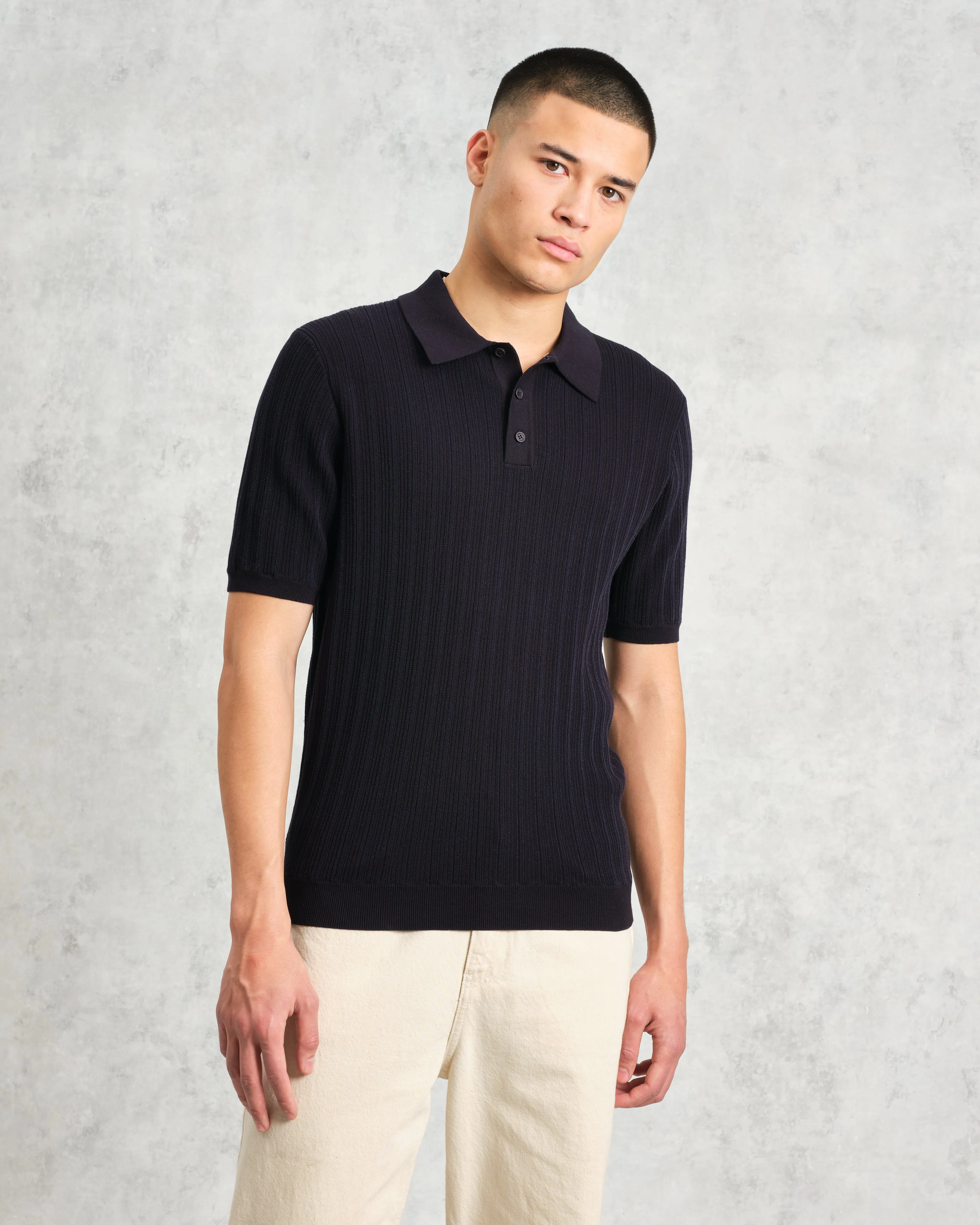 Naples - Midnight Navy Textured Knitted Polo Shirt sold by Wax London product image thumbnail 2