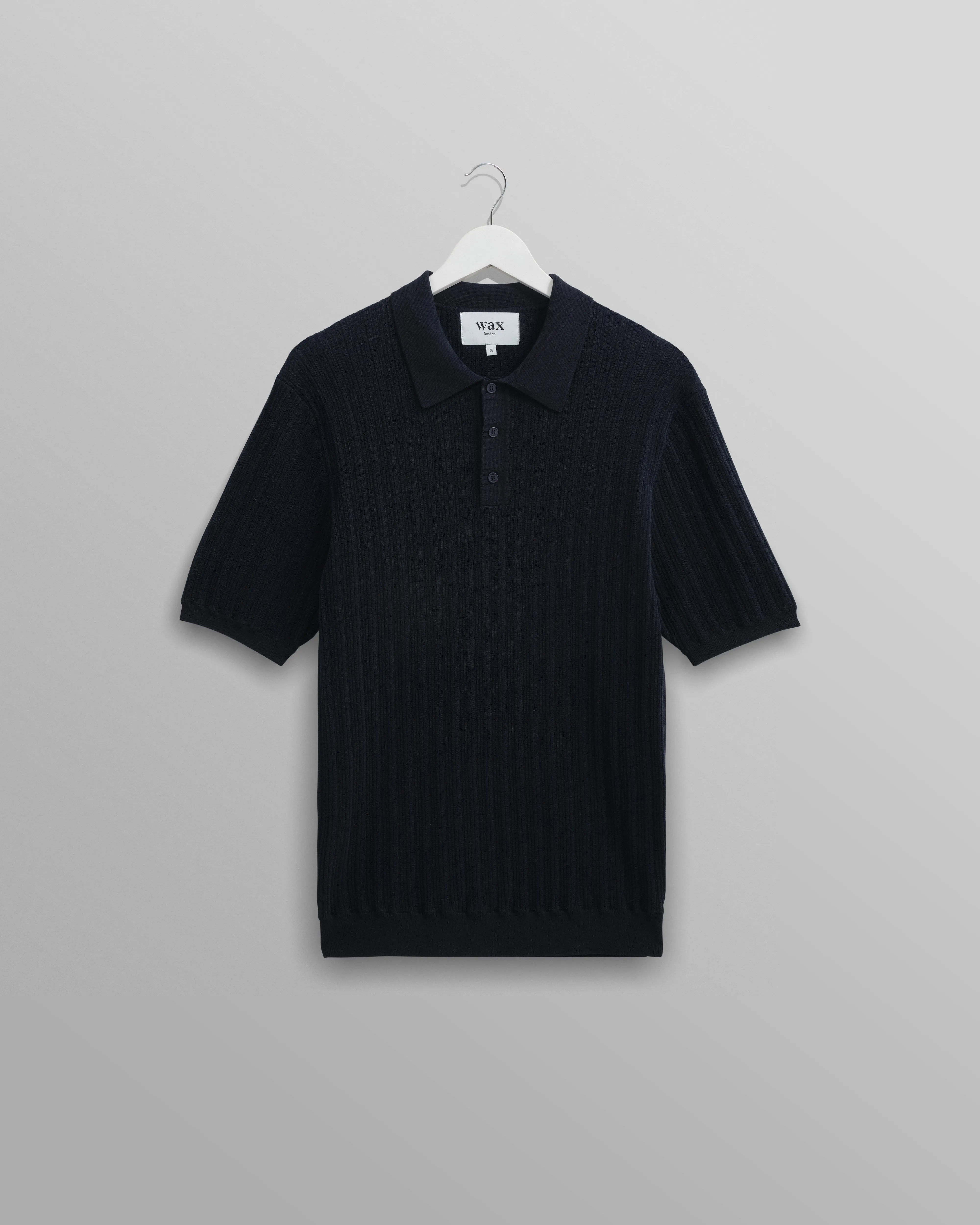 Naples - Midnight Navy Textured Knitted Polo Shirt sold by Wax London