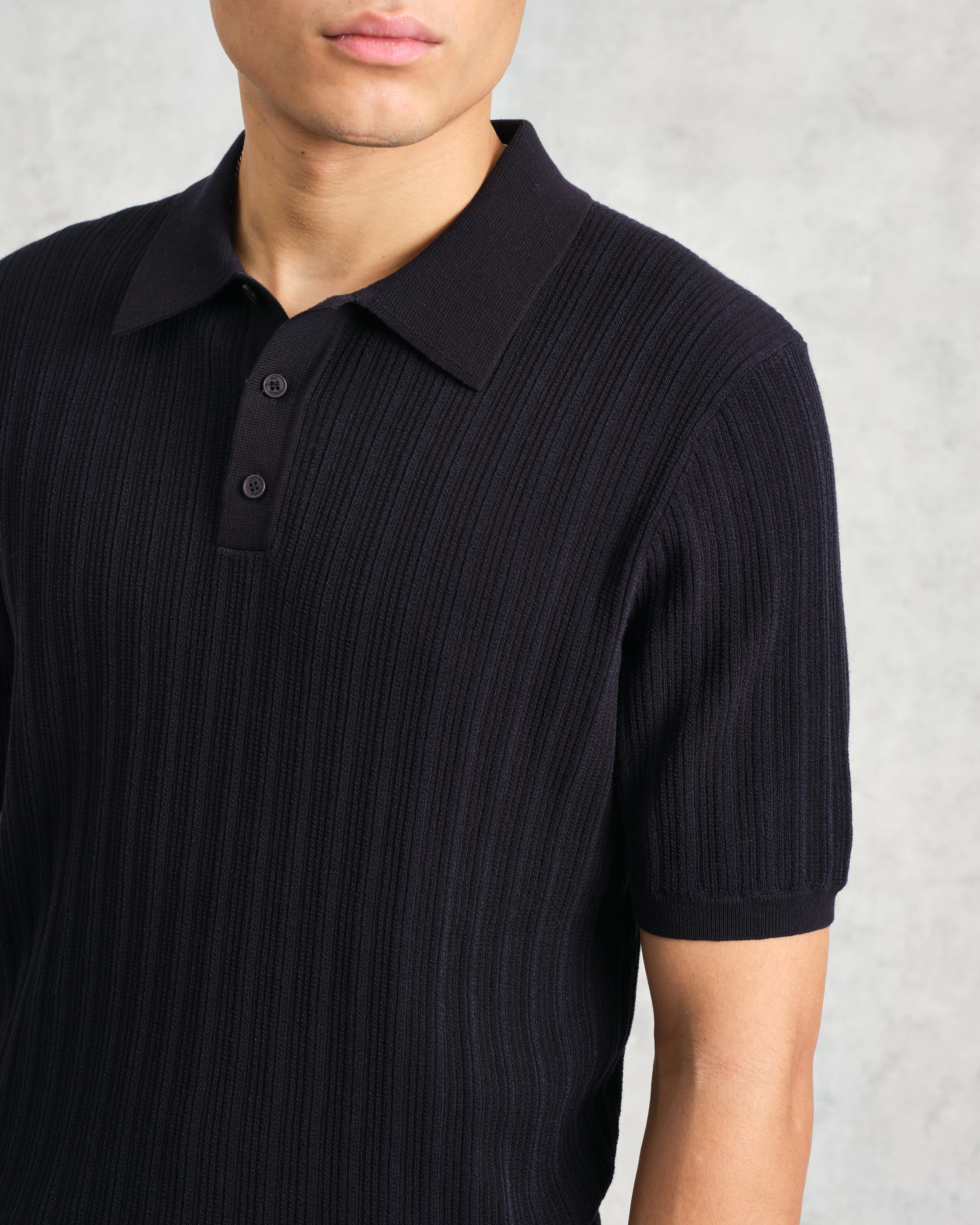 Naples - Midnight Navy Textured Knitted Polo Shirt sold by Wax London product image thumbnail 3