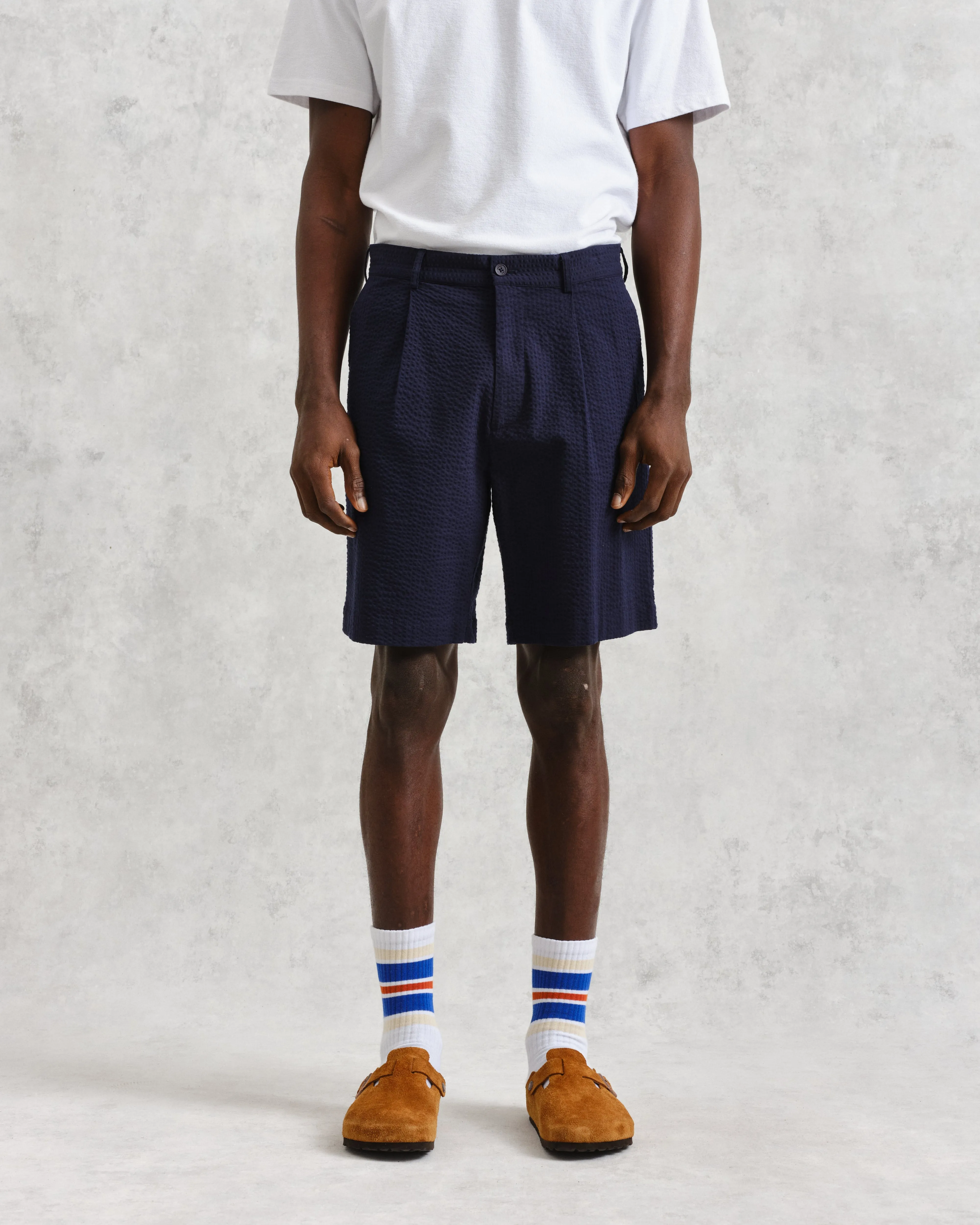 Linton - Navy Cotton Seersucker Pleated Shorts sold by Wax London product image thumbnail 3