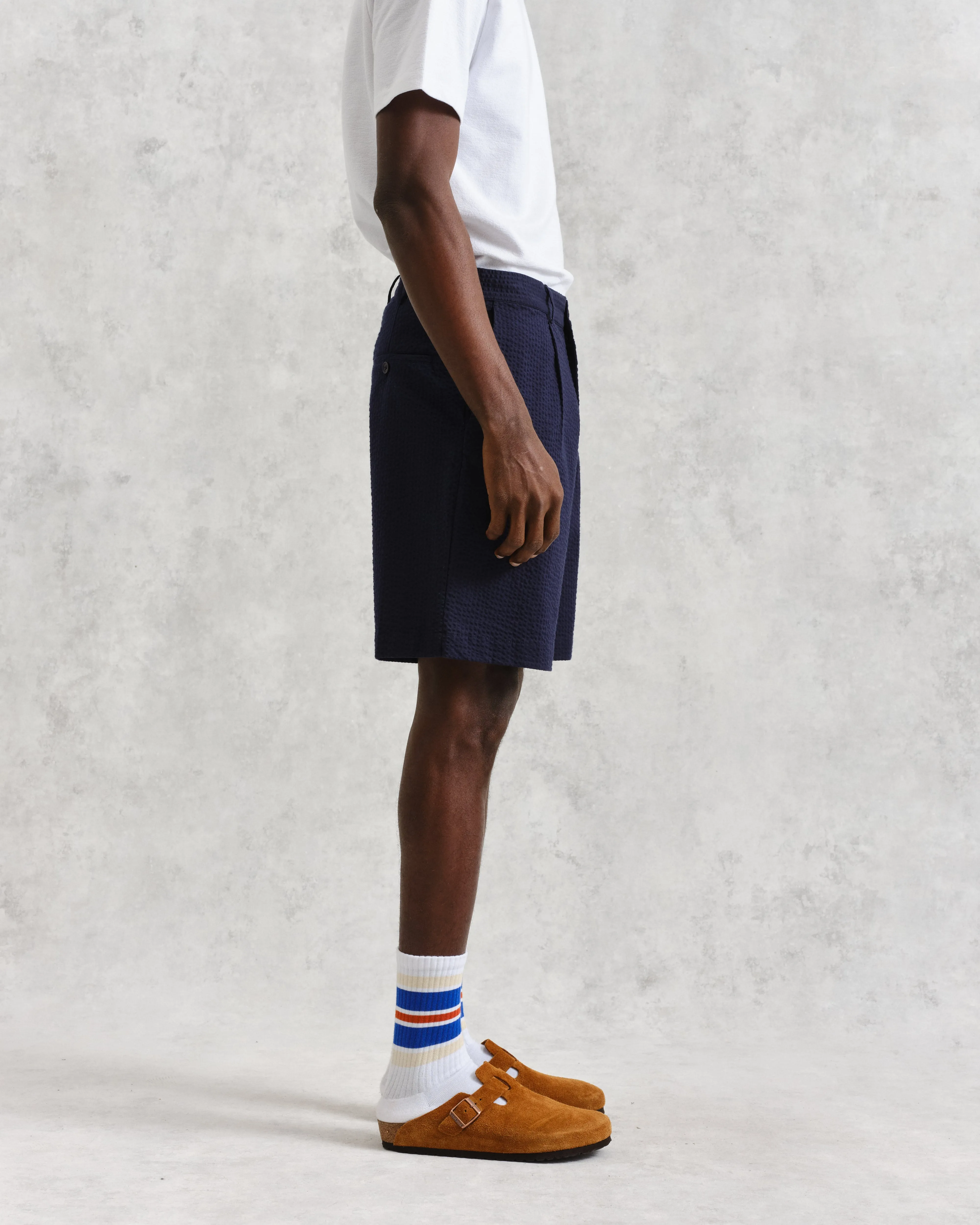 Linton - Navy Cotton Seersucker Pleated Shorts sold by Wax London product image thumbnail 5