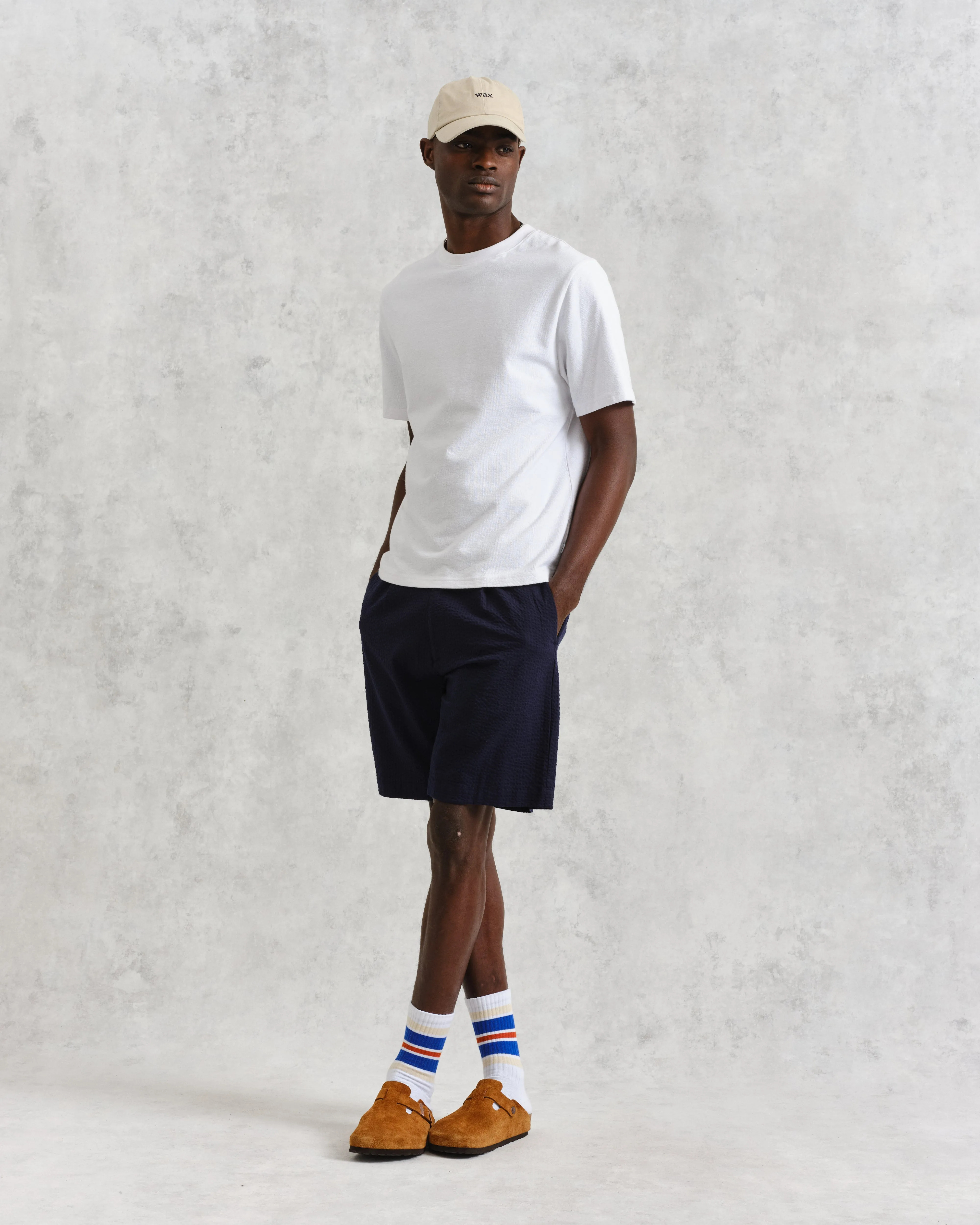 Linton - Navy Cotton Seersucker Pleated Shorts sold by Wax London product image thumbnail 2