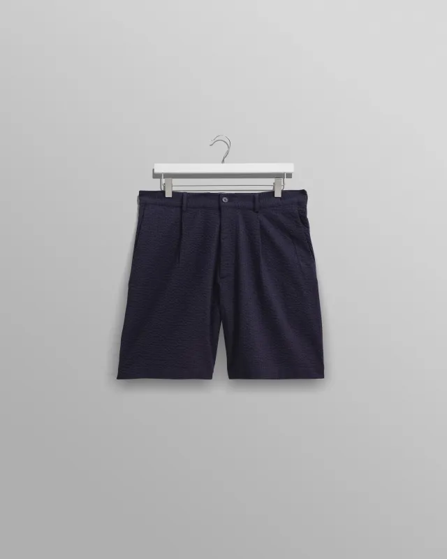 Linton - Navy Cotton Seersucker Pleated Shorts sold by Wax London