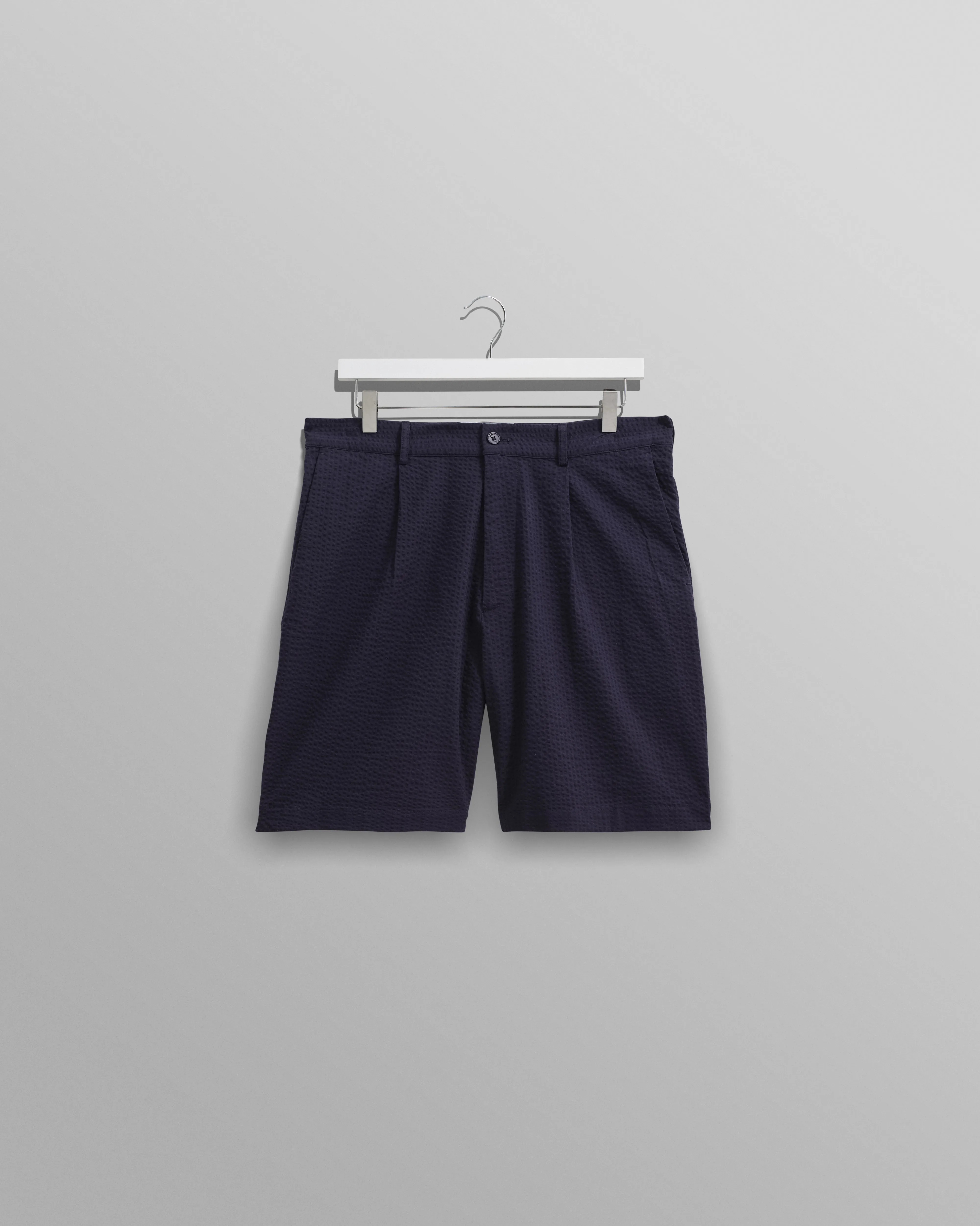 Linton - Navy Cotton Seersucker Pleated Shorts sold by Wax London
