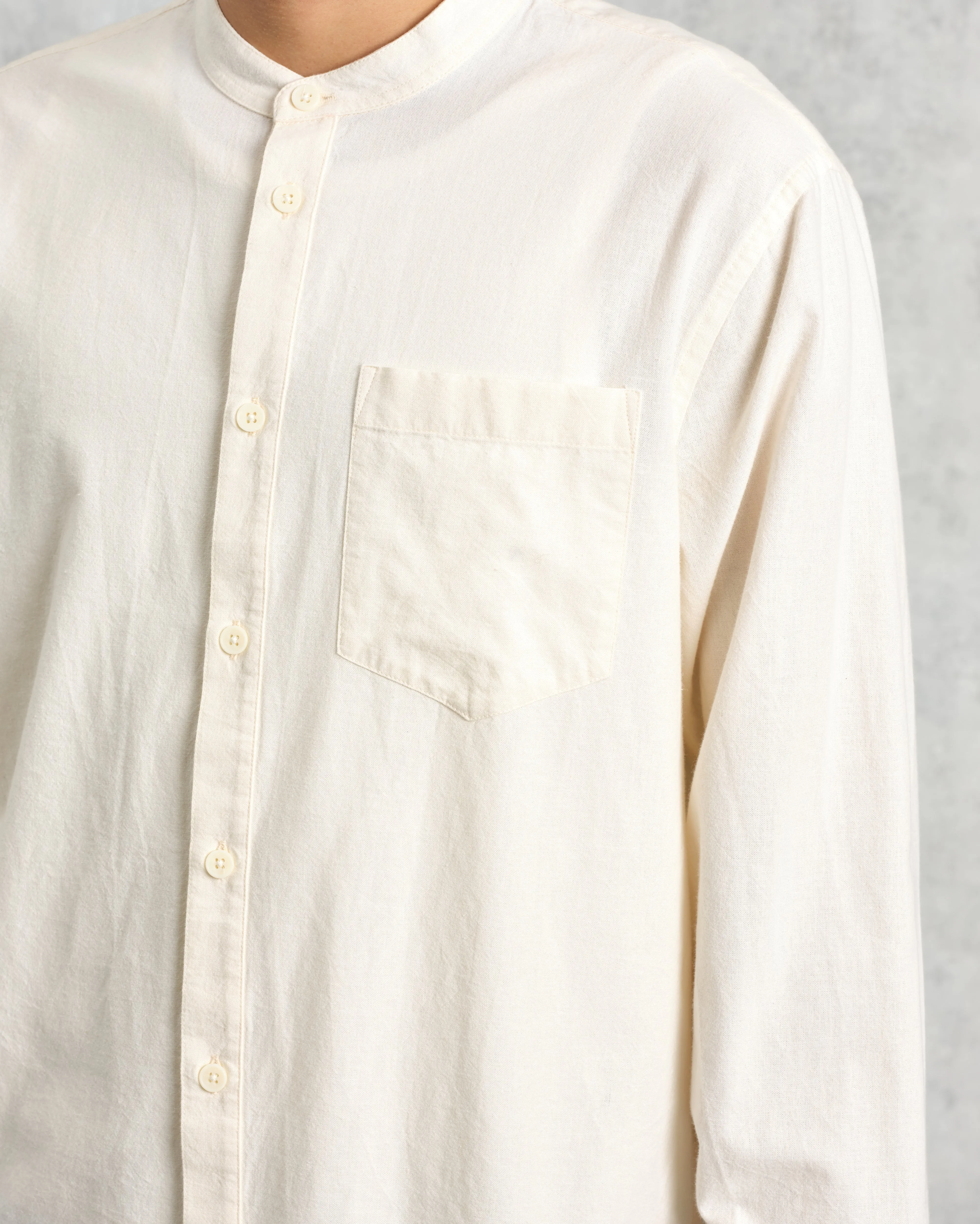 Abbot - Ecru Grandad Collar Cotton Chambray Shirt sold by Wax London product image thumbnail 3