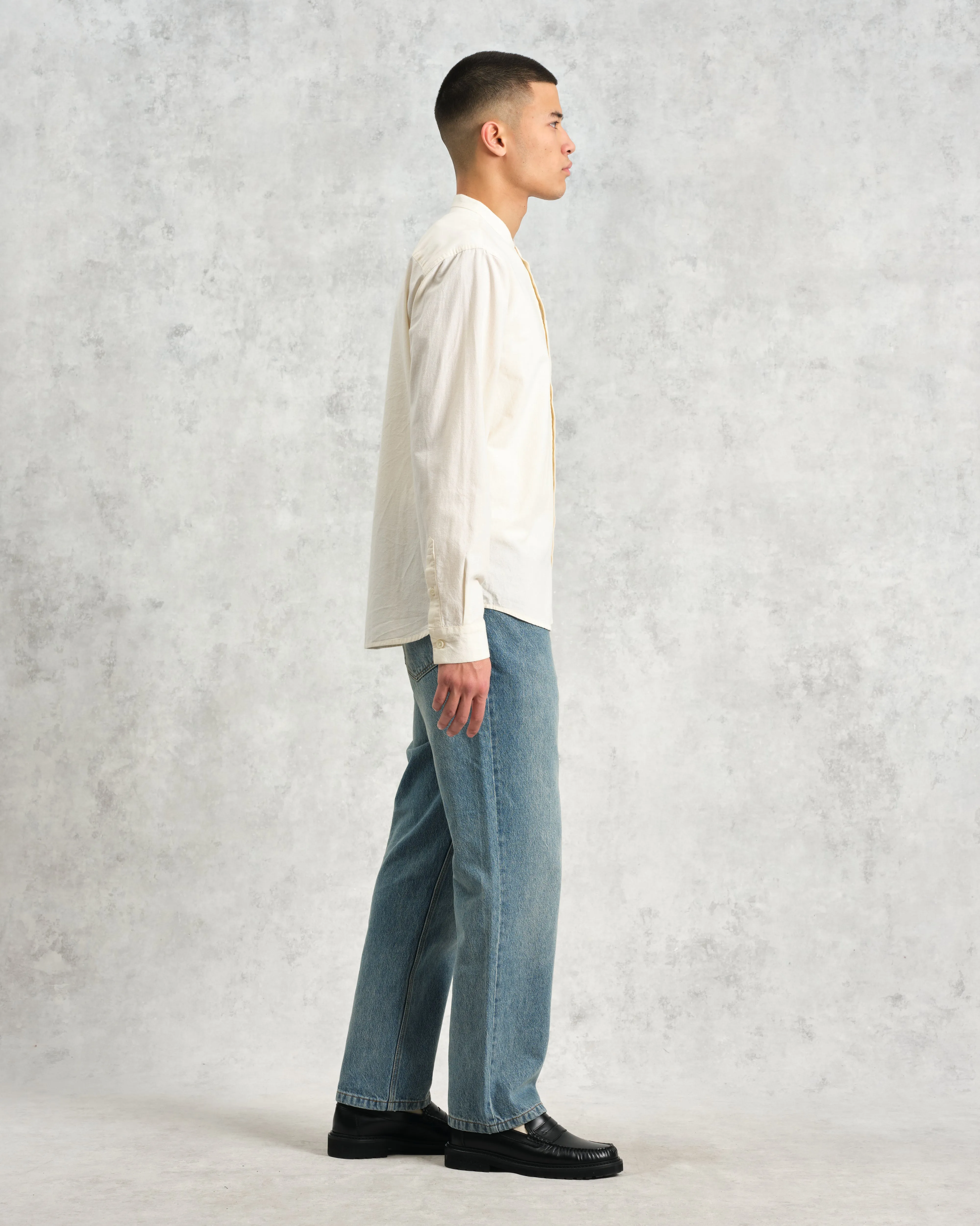 Abbot - Ecru Grandad Collar Cotton Chambray Shirt sold by Wax London product image thumbnail 5