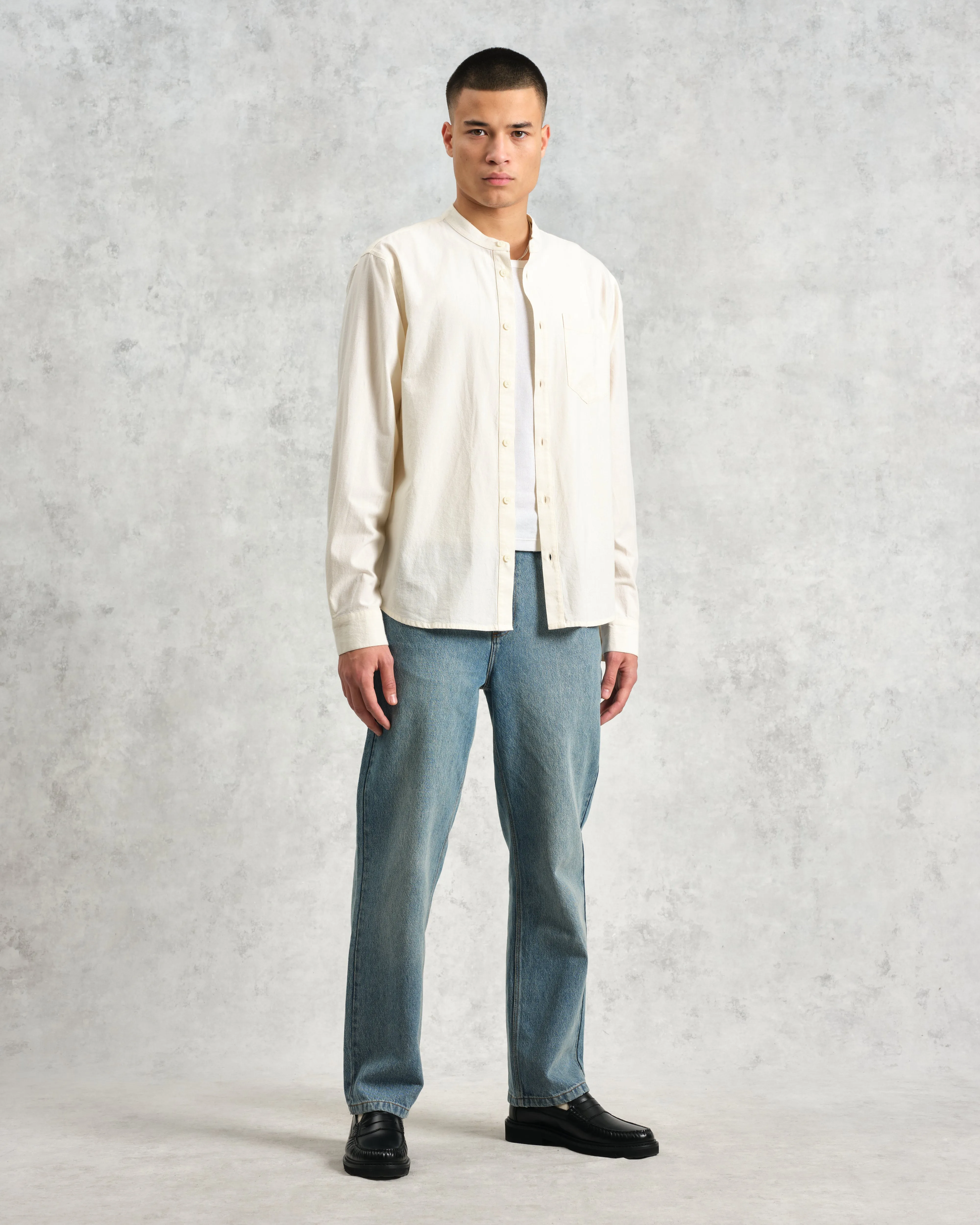 Abbot - Ecru Grandad Collar Cotton Chambray Shirt sold by Wax London product image thumbnail 4