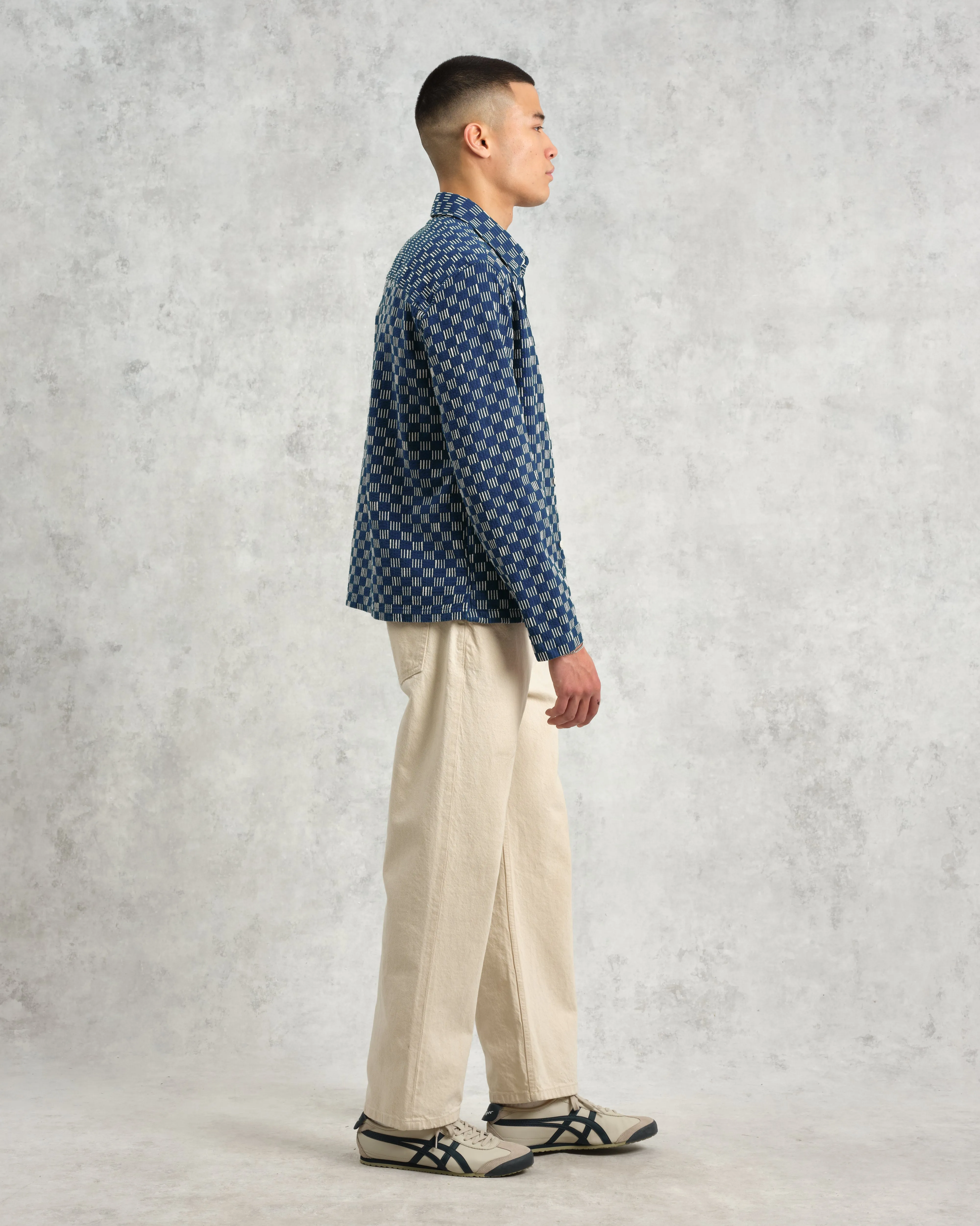 Breton - Indigo And Ecru Geometric Grid Stitch Overshirt sold by Wax London product image thumbnail 5