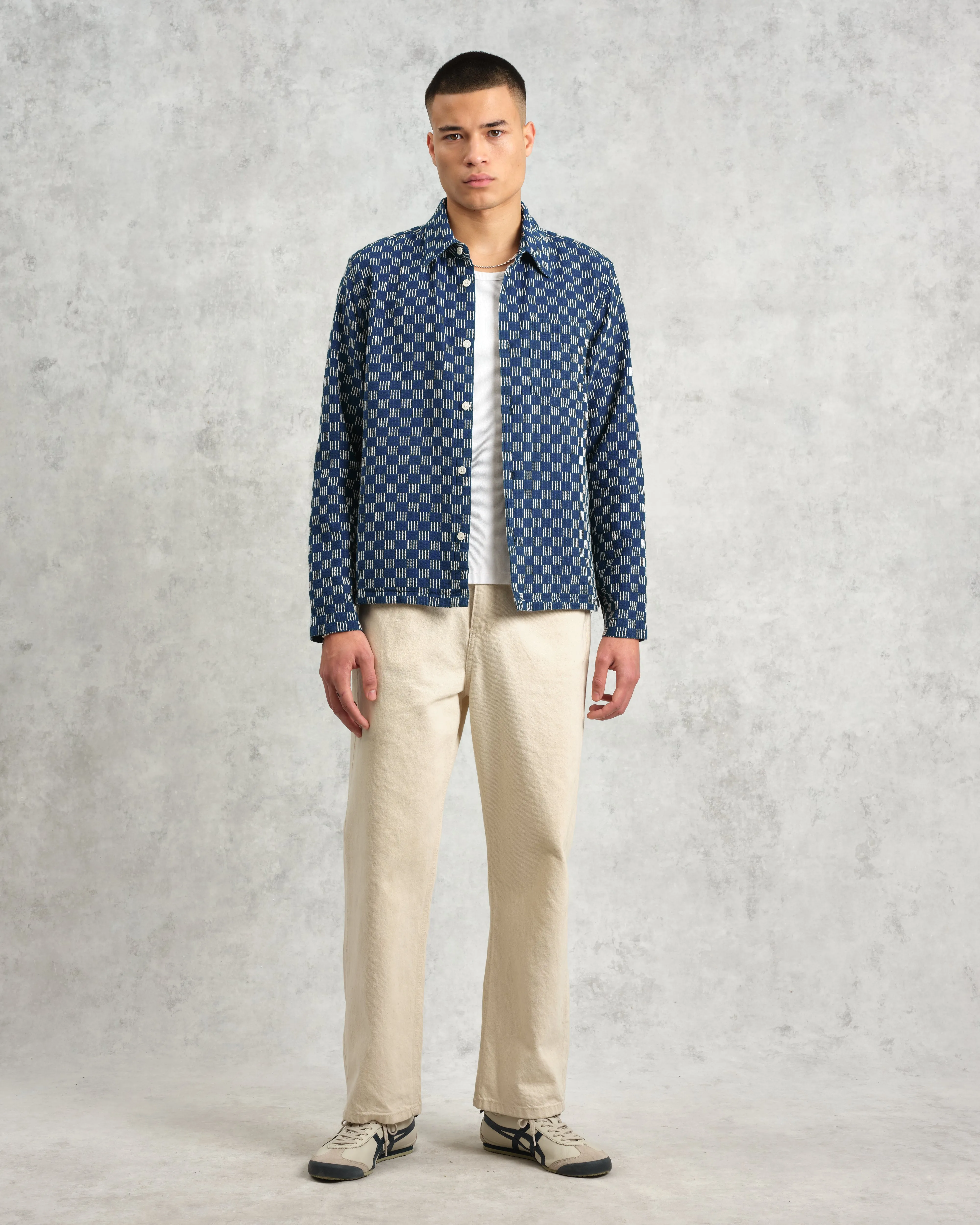 Breton - Indigo And Ecru Geometric Grid Stitch Overshirt sold by Wax London product image thumbnail 4