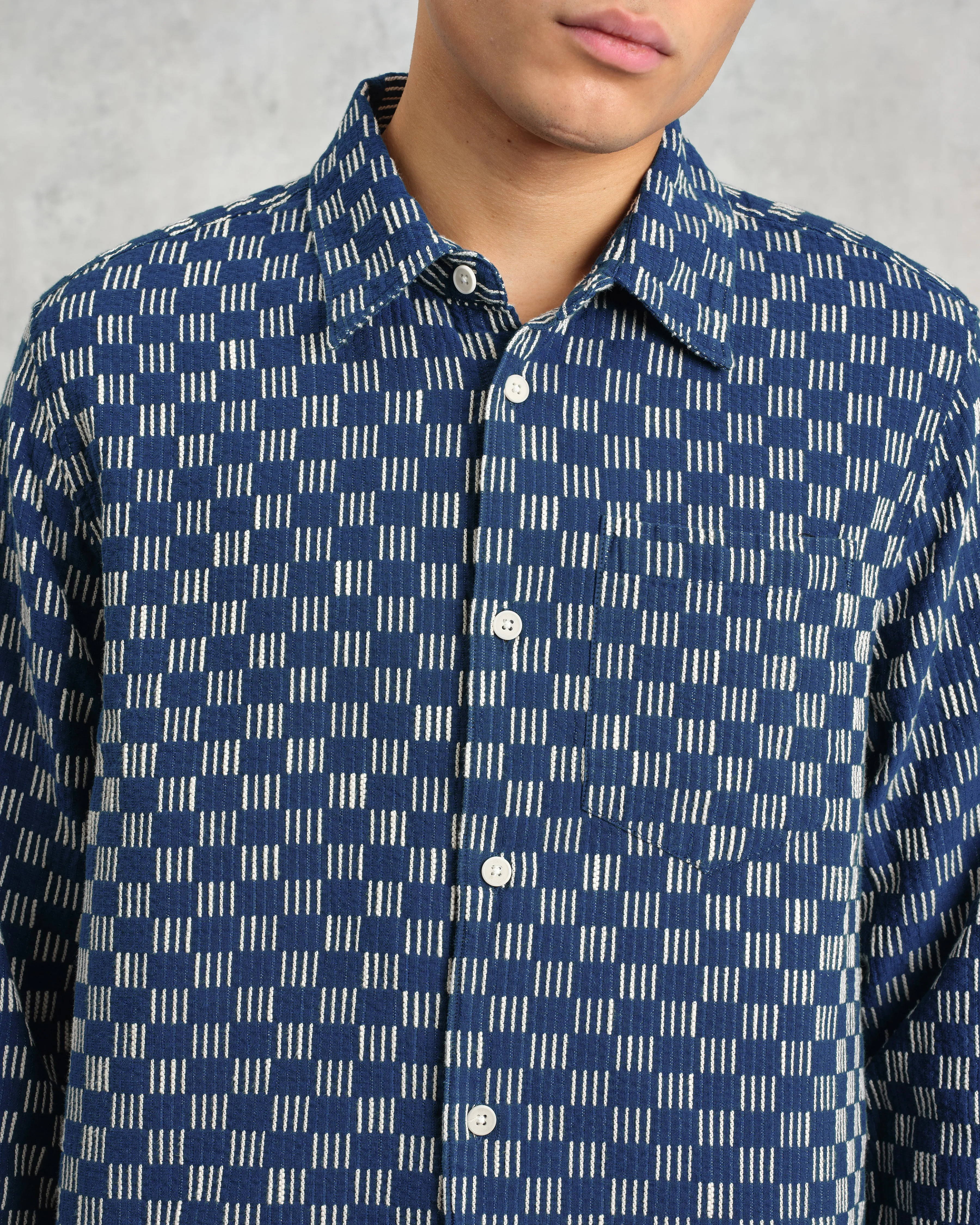Breton - Indigo And Ecru Geometric Grid Stitch Overshirt sold by Wax London product image thumbnail 3