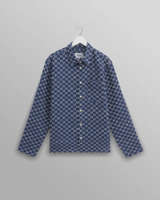 Breton - Indigo And Ecru Geometric Grid Stitch Overshirt made by Wax London