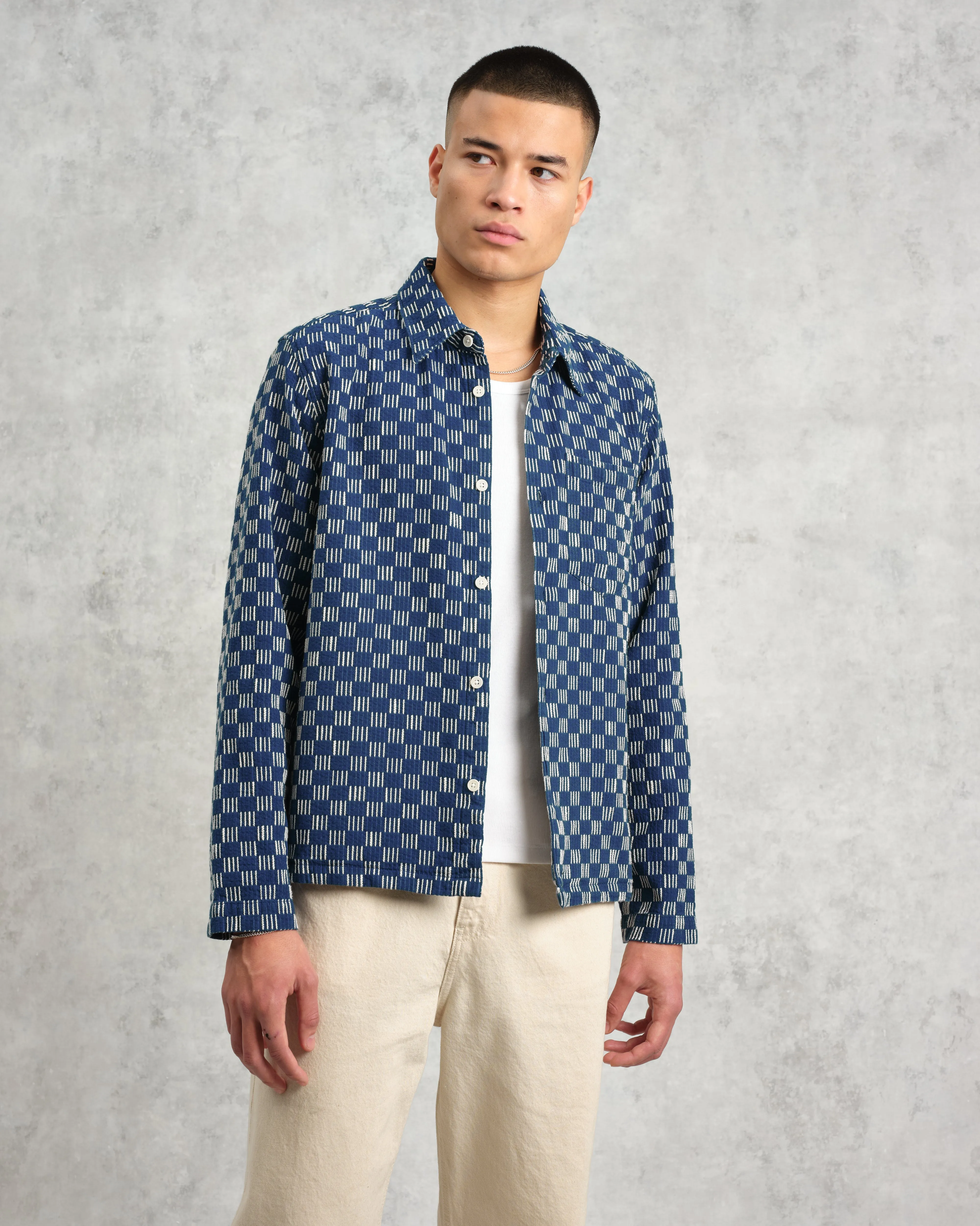 Breton - Indigo And Ecru Geometric Grid Stitch Overshirt sold by Wax London product image thumbnail 2