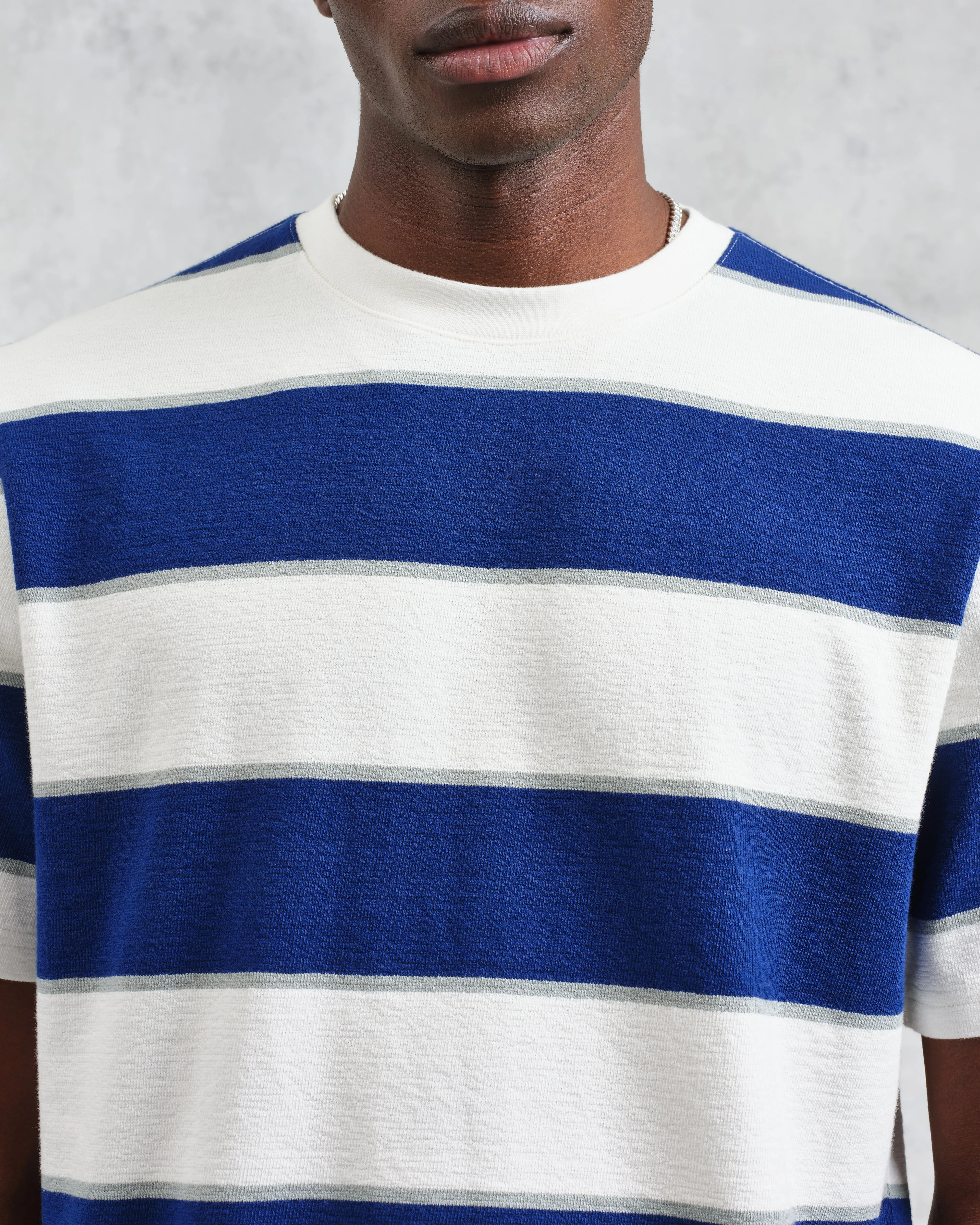 Dean - Blue And Ecru Stripe Textured Organic Cotton T-Shirt sold by Wax London product image thumbnail 3