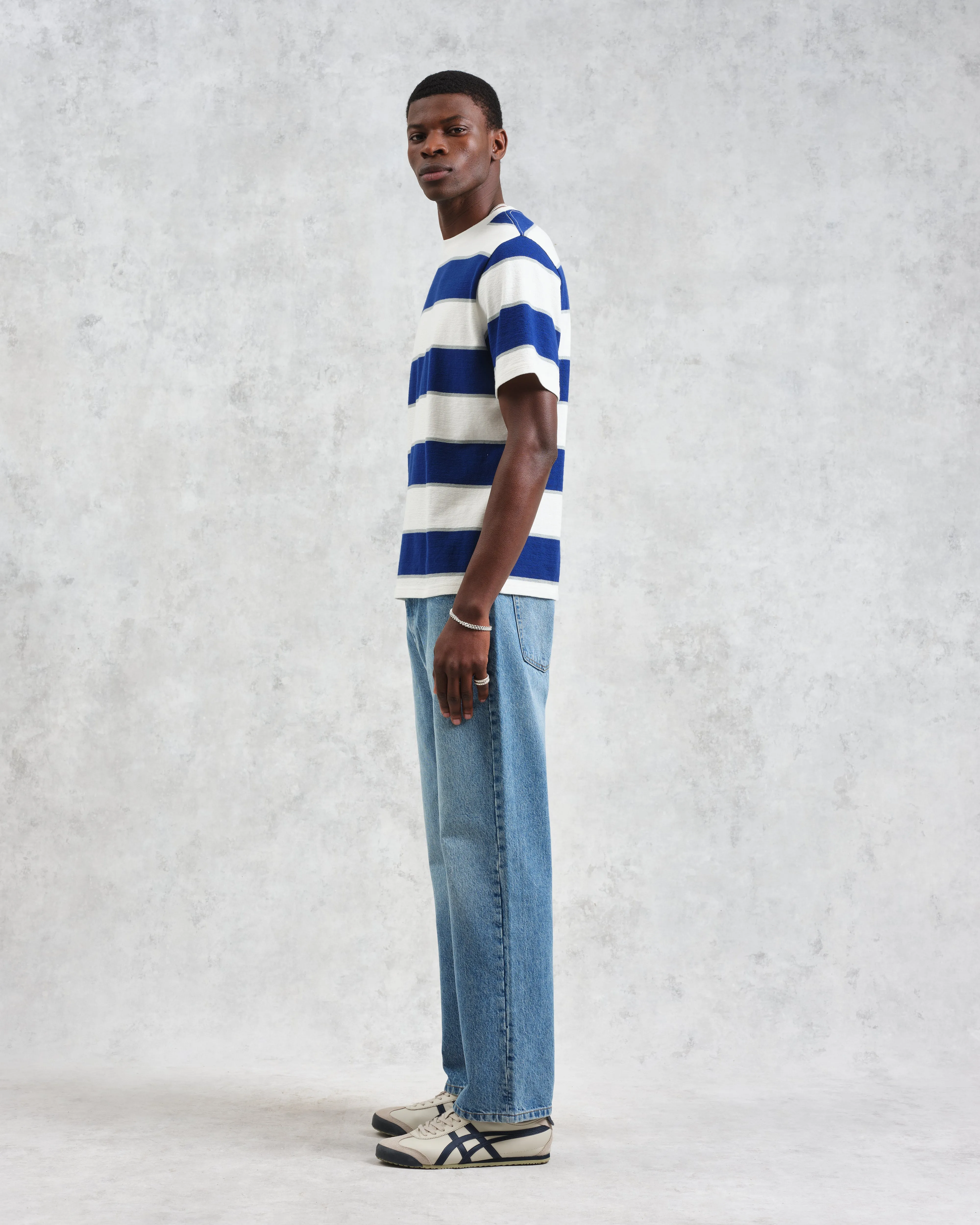 Dean - Blue And Ecru Stripe Textured Organic Cotton T-Shirt sold by Wax London product image thumbnail 5