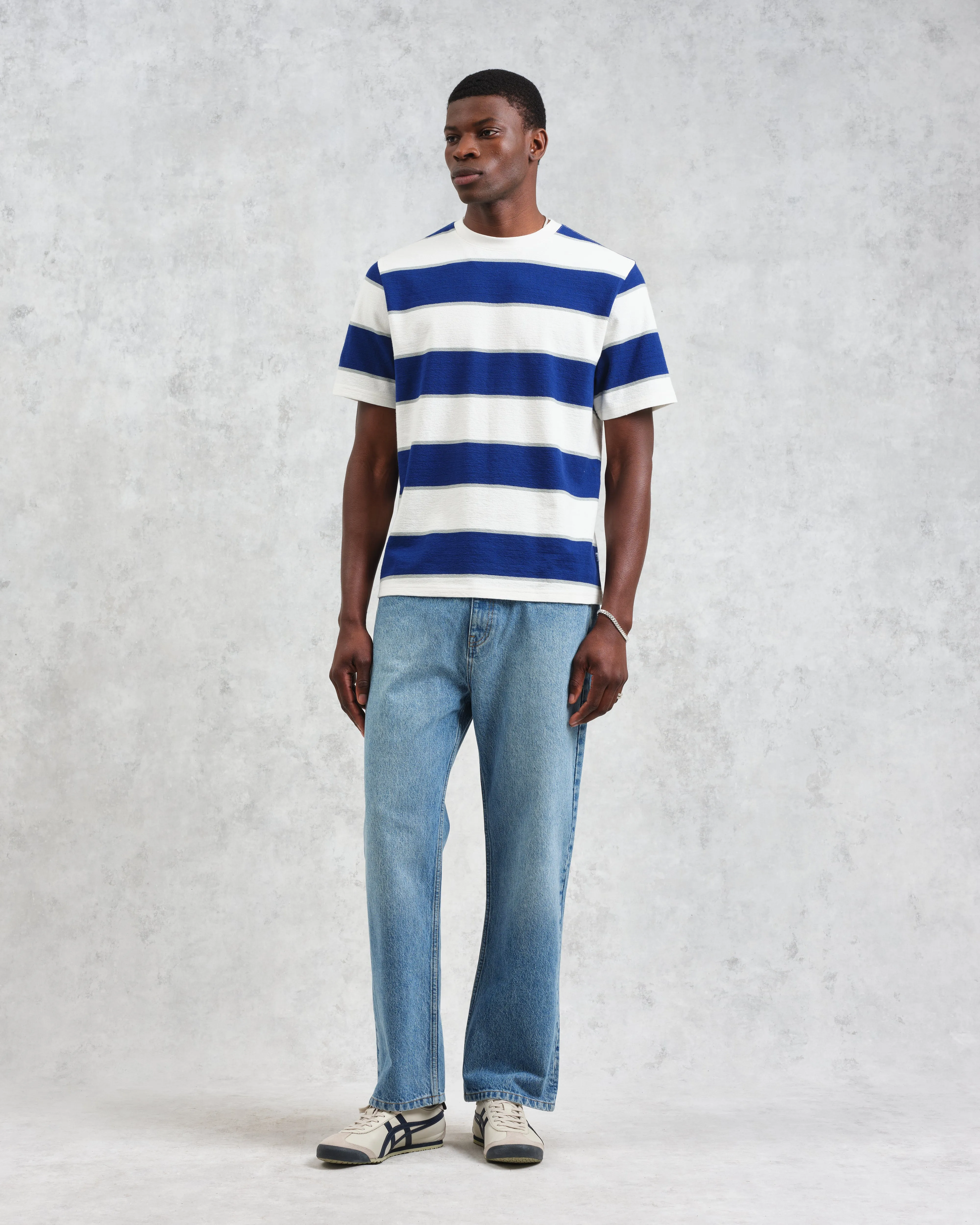 Dean - Blue And Ecru Stripe Textured Organic Cotton T-Shirt sold by Wax London product image thumbnail 4