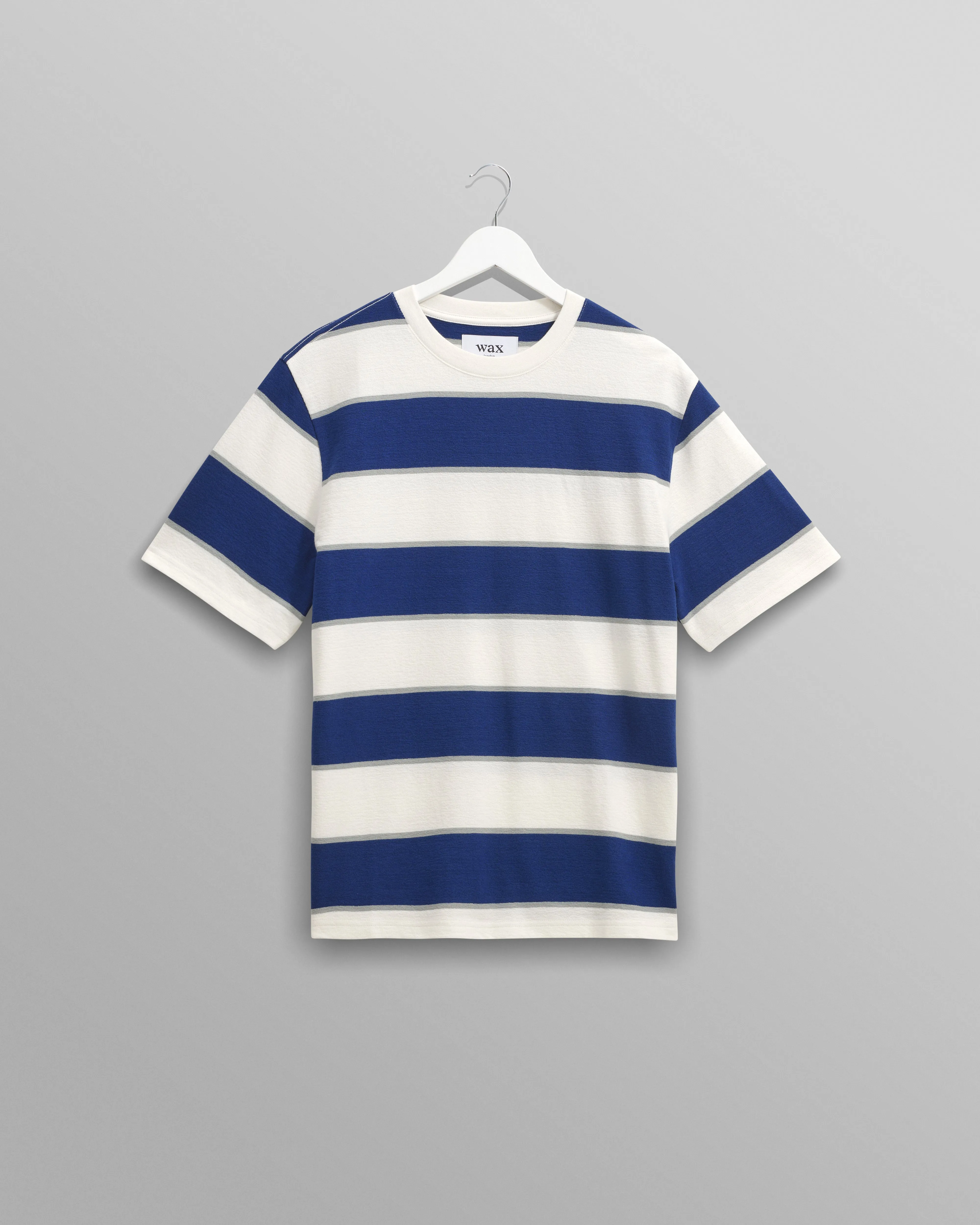 Dean - Blue And Ecru Stripe Textured Organic Cotton T-Shirt sold by Wax London