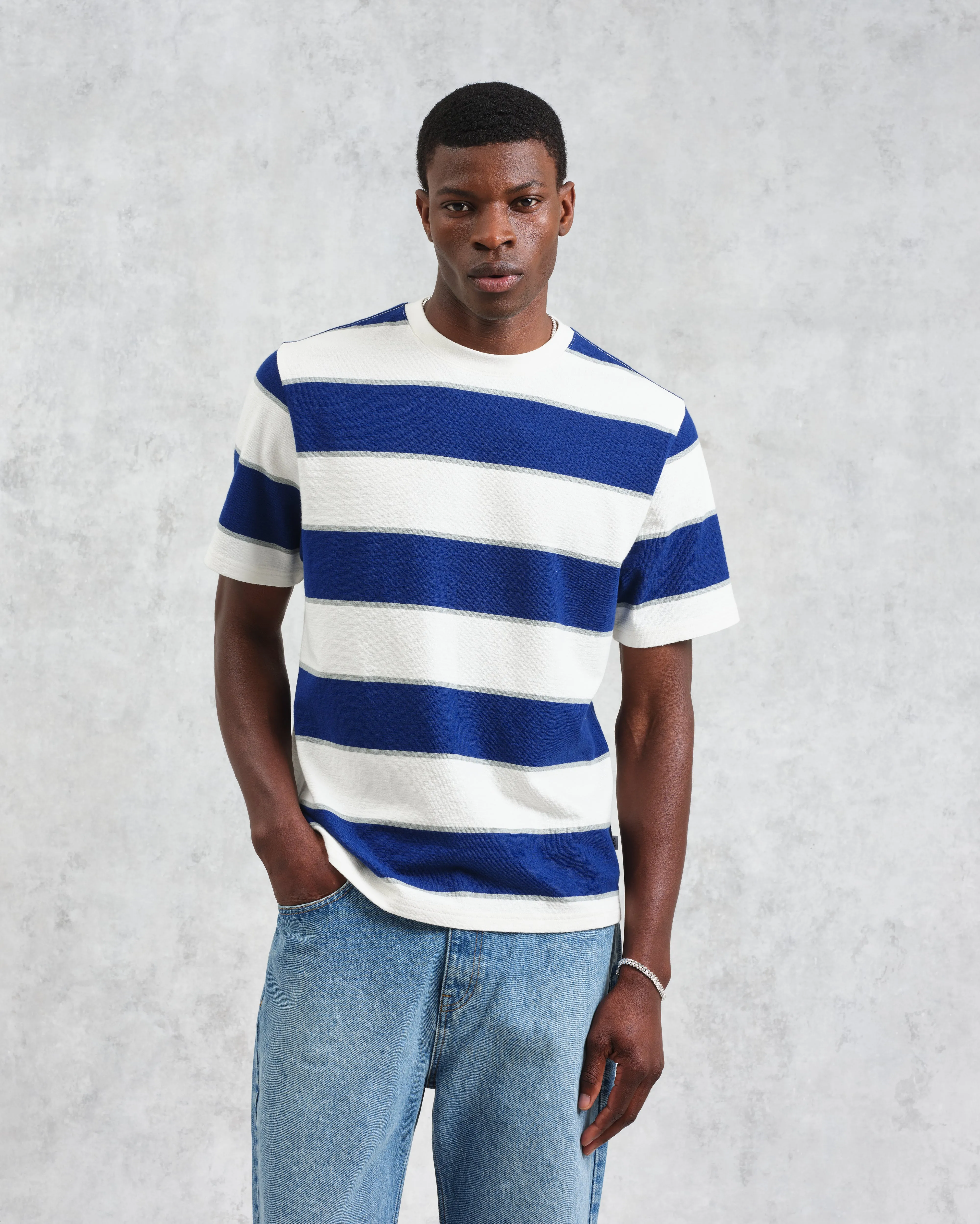Dean - Blue And Ecru Stripe Textured Organic Cotton T-Shirt sold by Wax London product image thumbnail 2