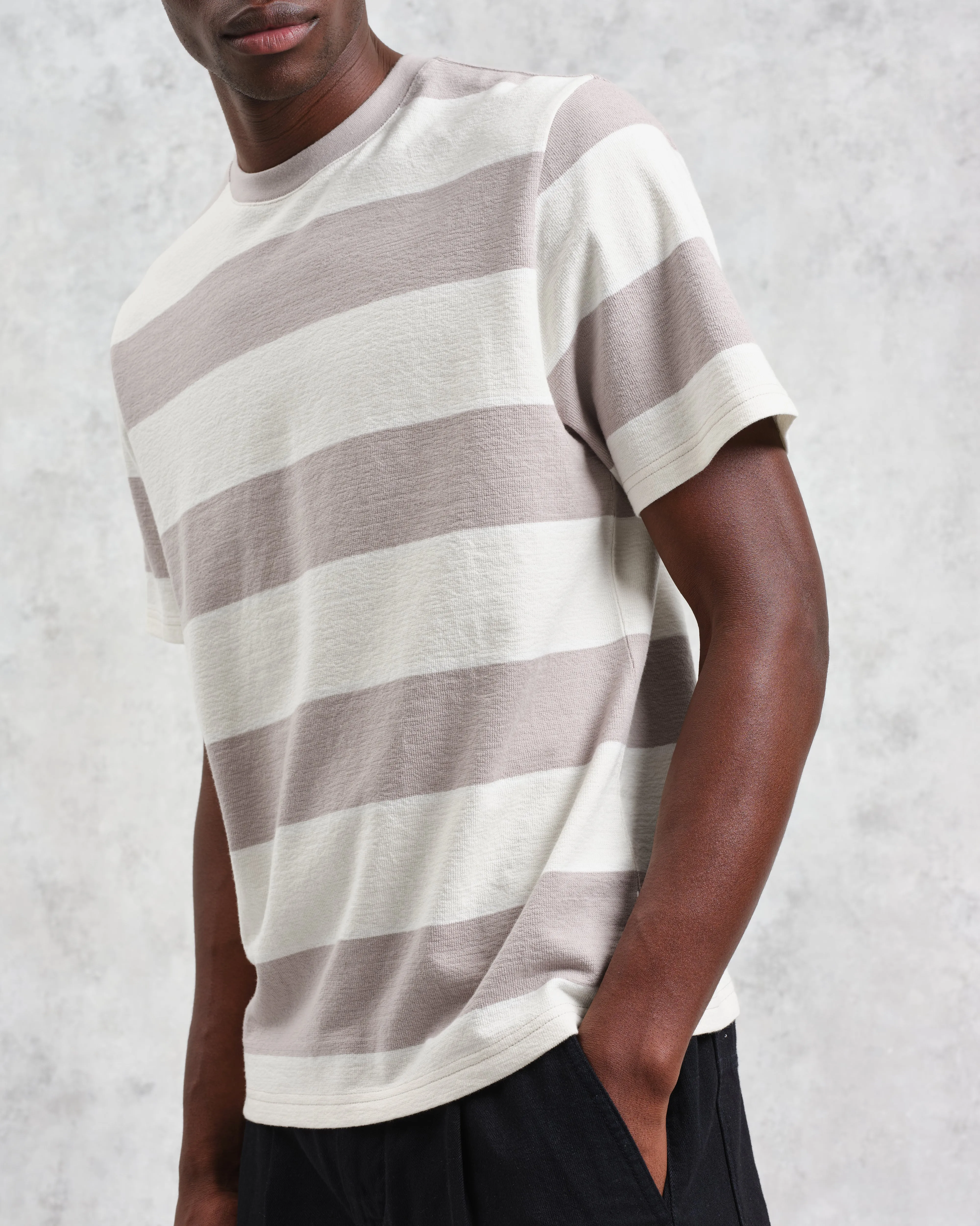Dean - Taupe Grey And Ecru Stripe Textured Organic Cotton T-Shirt sold by Wax London product image thumbnail 3