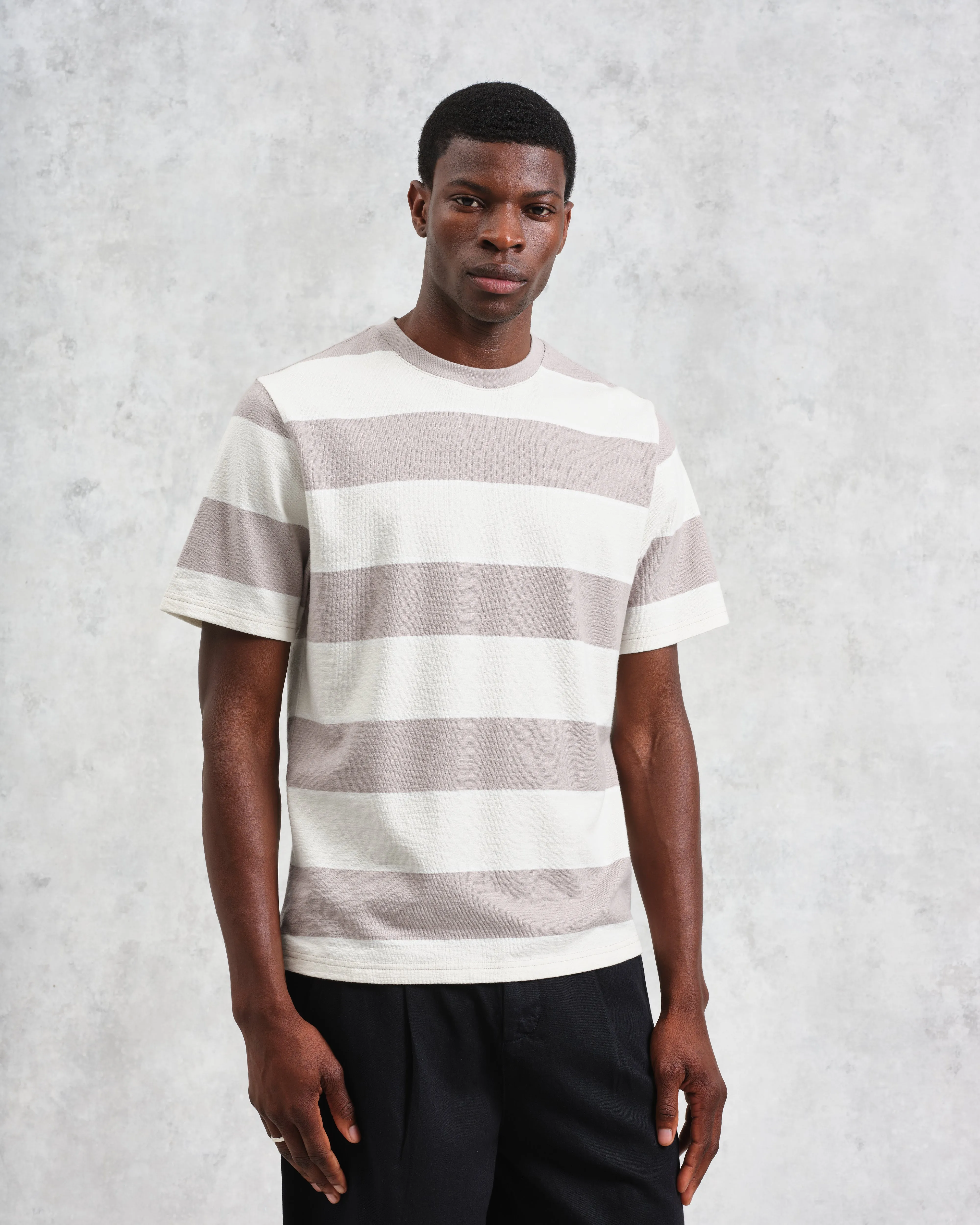 Dean - Taupe Grey And Ecru Stripe Textured Organic Cotton T-Shirt sold by Wax London product image thumbnail 2