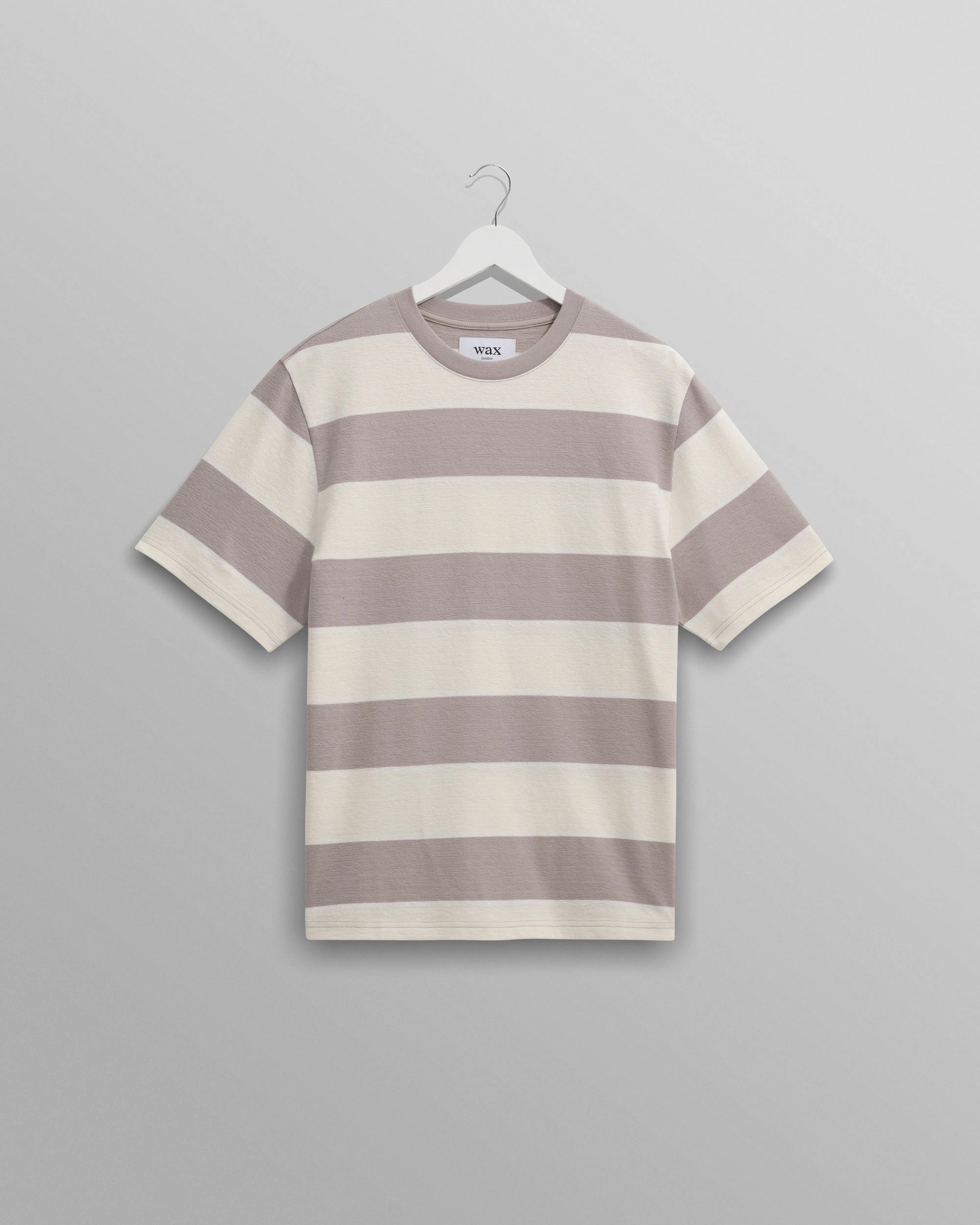 Dean - Taupe Grey And Ecru Stripe Textured Organic Cotton T-Shirt sold by Wax London