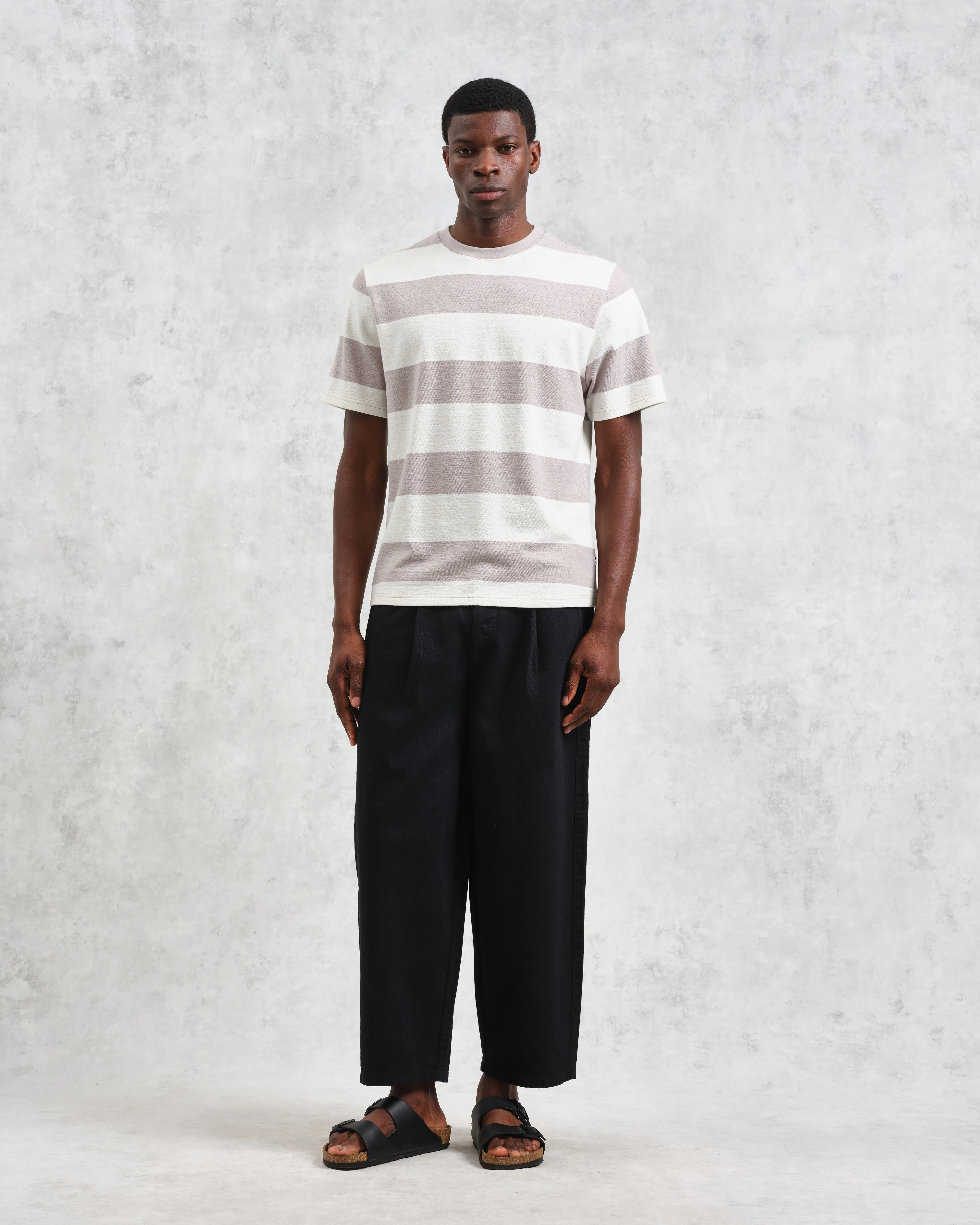 Dean - Taupe Grey And Ecru Stripe Textured Organic Cotton T-Shirt sold by Wax London product image thumbnail 4
