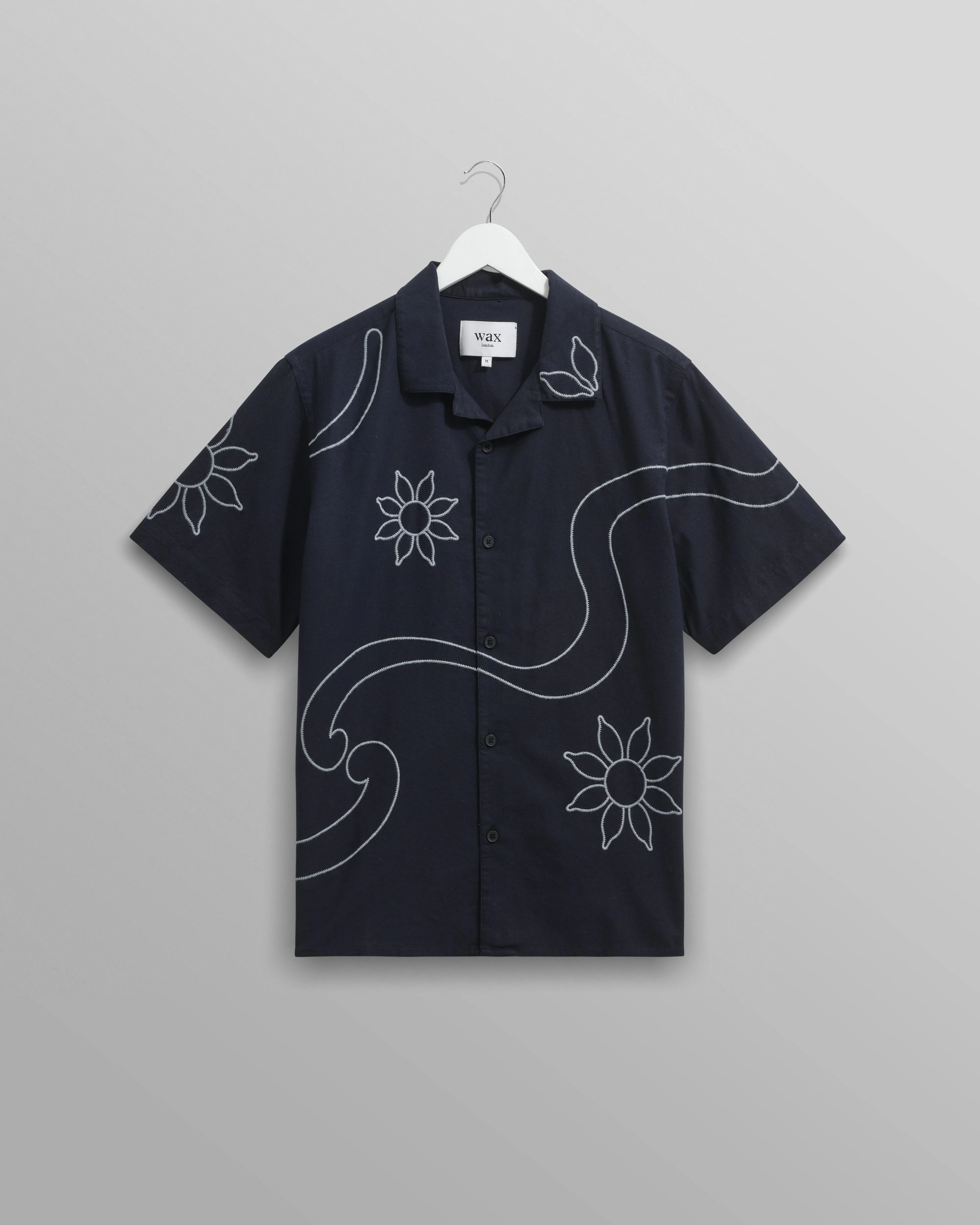 Didcot - Navy Bold Floral Embroidered Short-Sleeve Shirt sold by Wax London