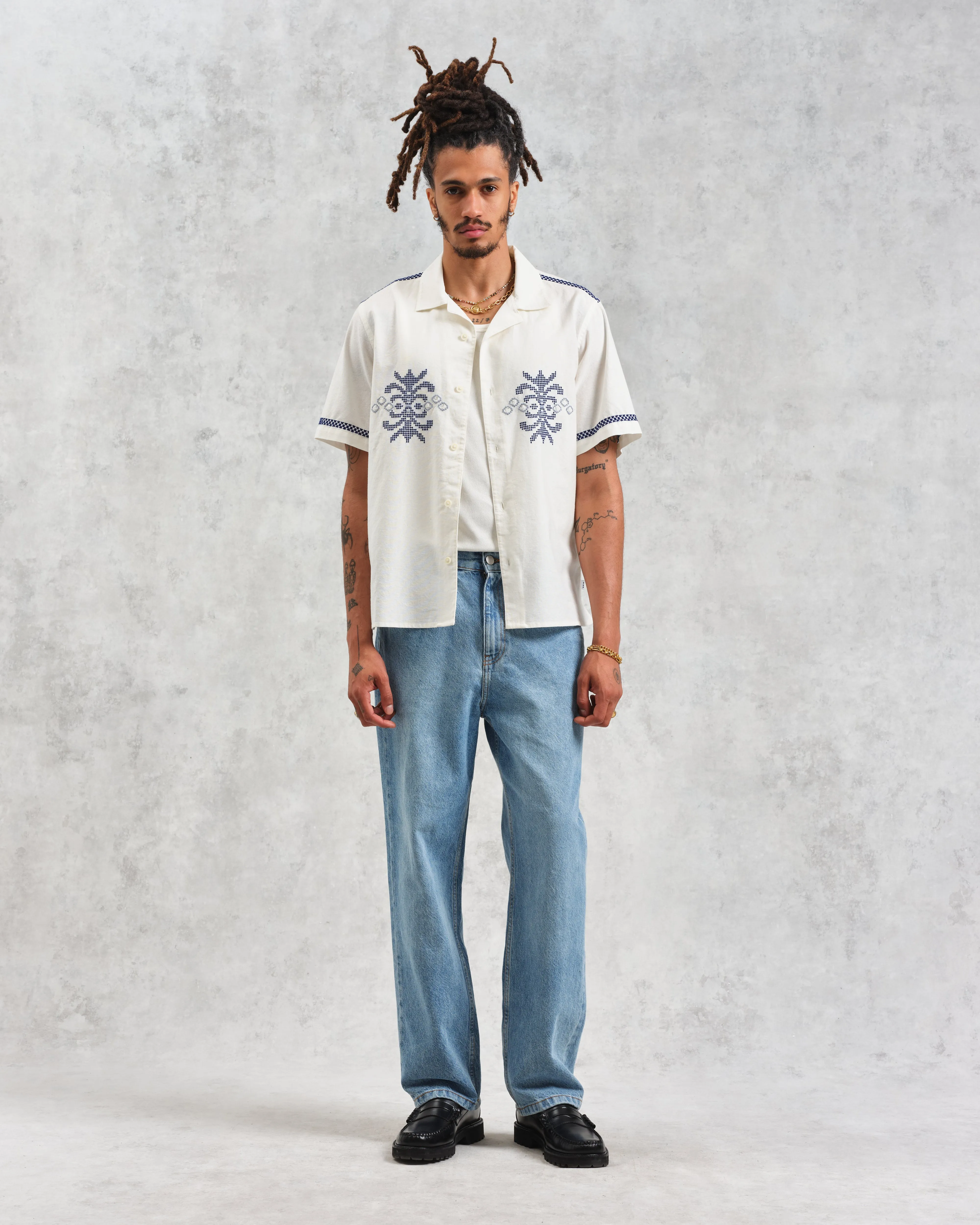 Didcot - Ecru Motif Embroidered Short-Sleeve Shirt sold by Wax London product image thumbnail 4