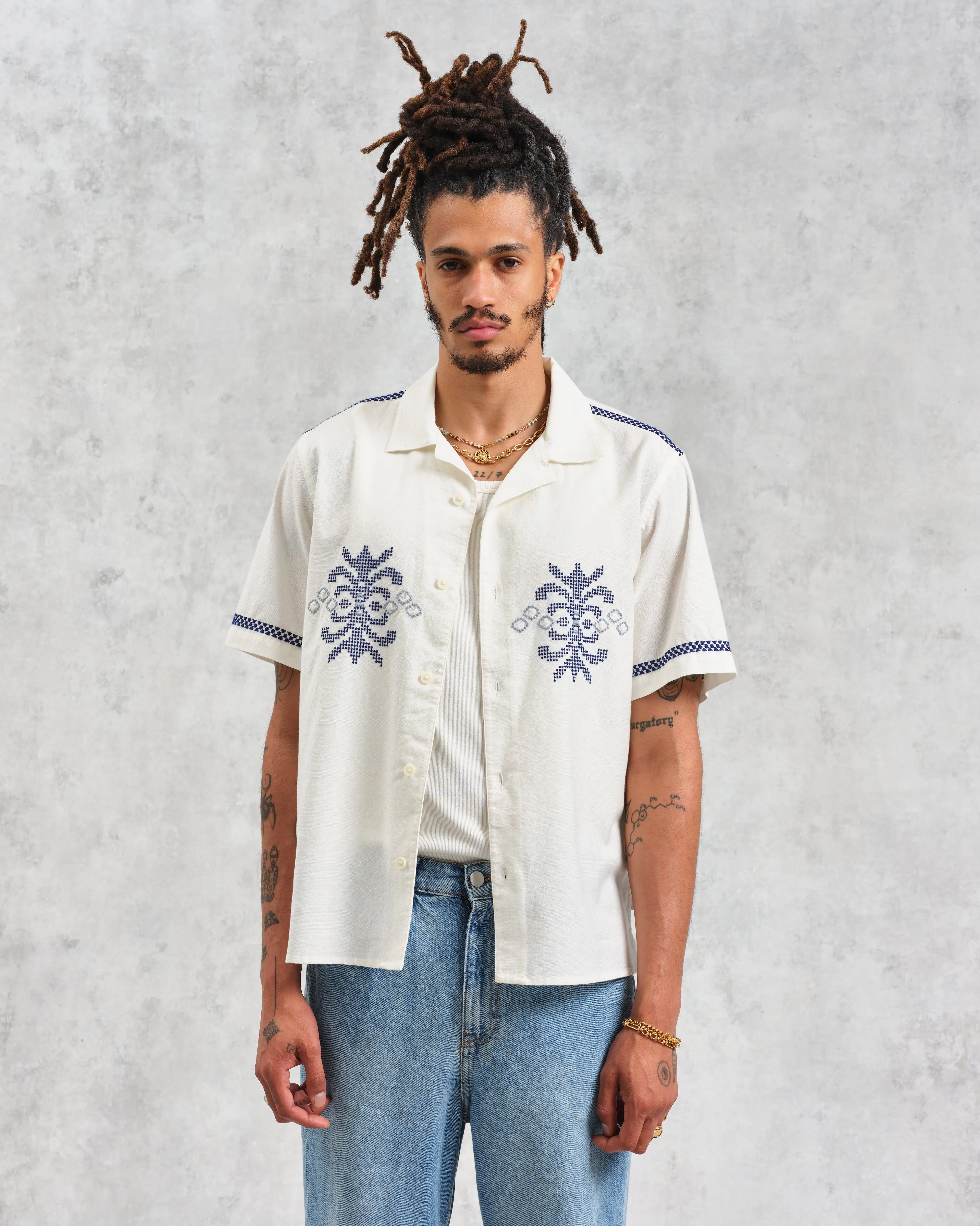 Didcot - Ecru Motif Embroidered Short-Sleeve Shirt sold by Wax London product image thumbnail 2