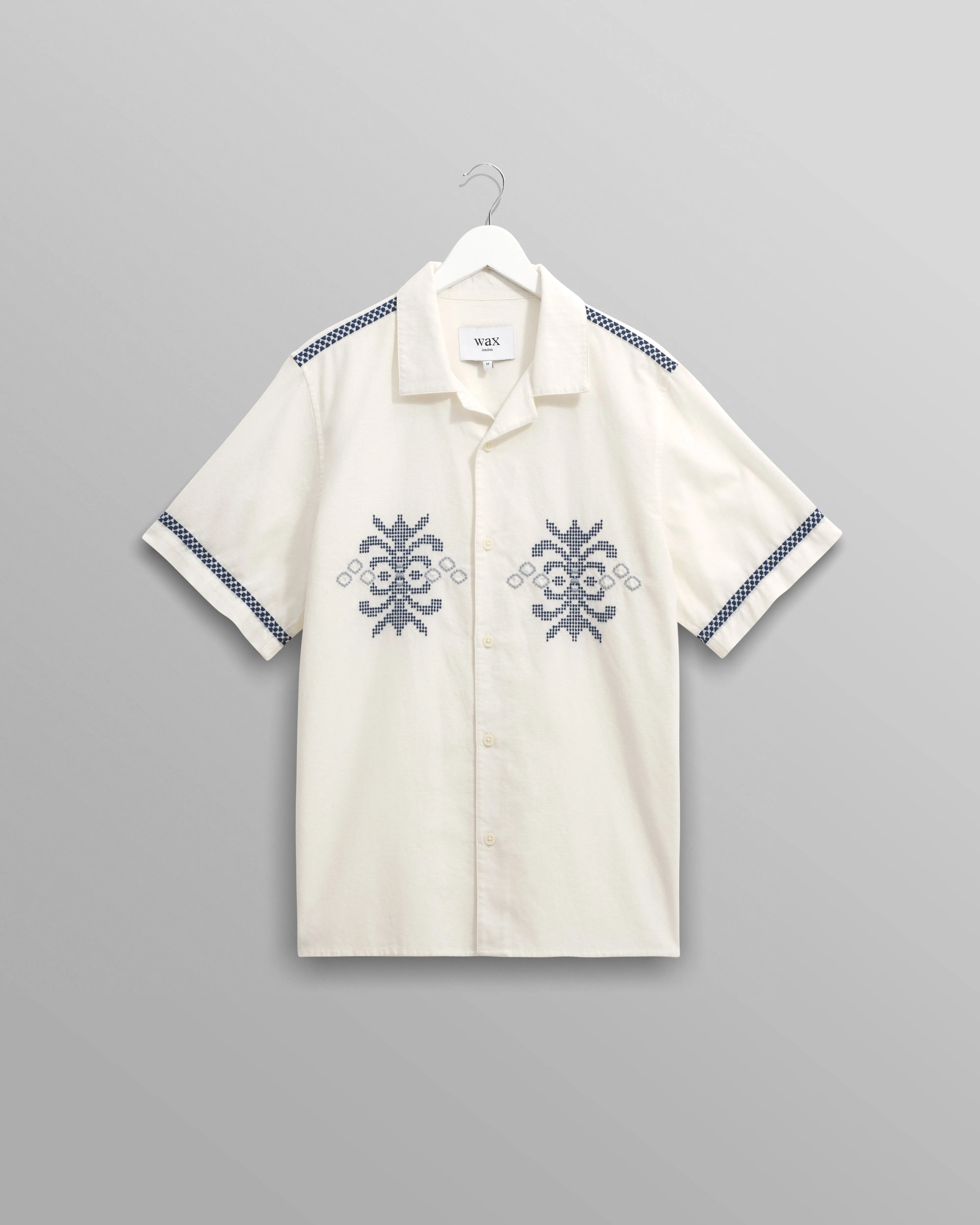 Didcot - Ecru Motif Embroidered Short-Sleeve Shirt sold by Wax London