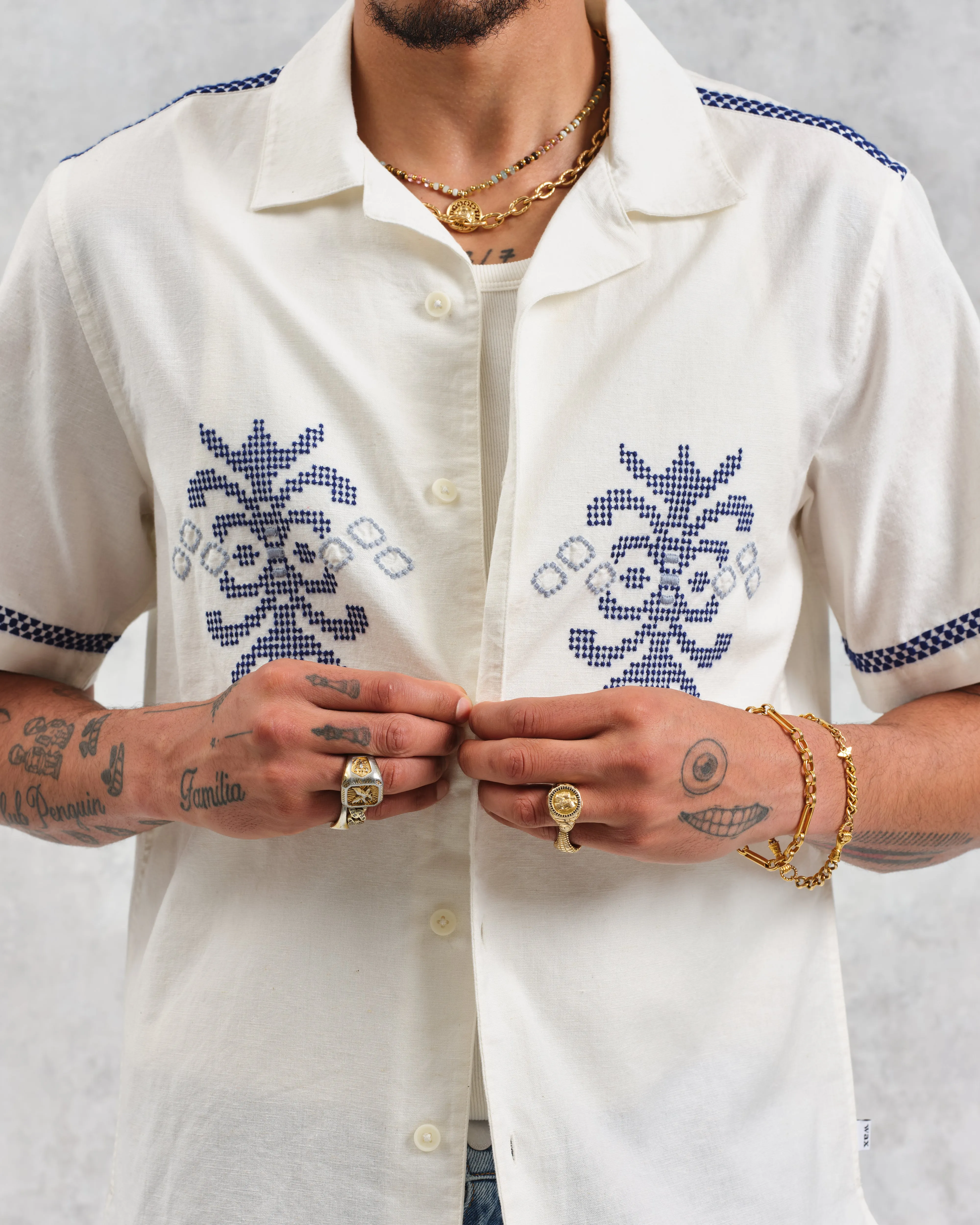 Didcot - Ecru Motif Embroidered Short-Sleeve Shirt sold by Wax London product image thumbnail 3