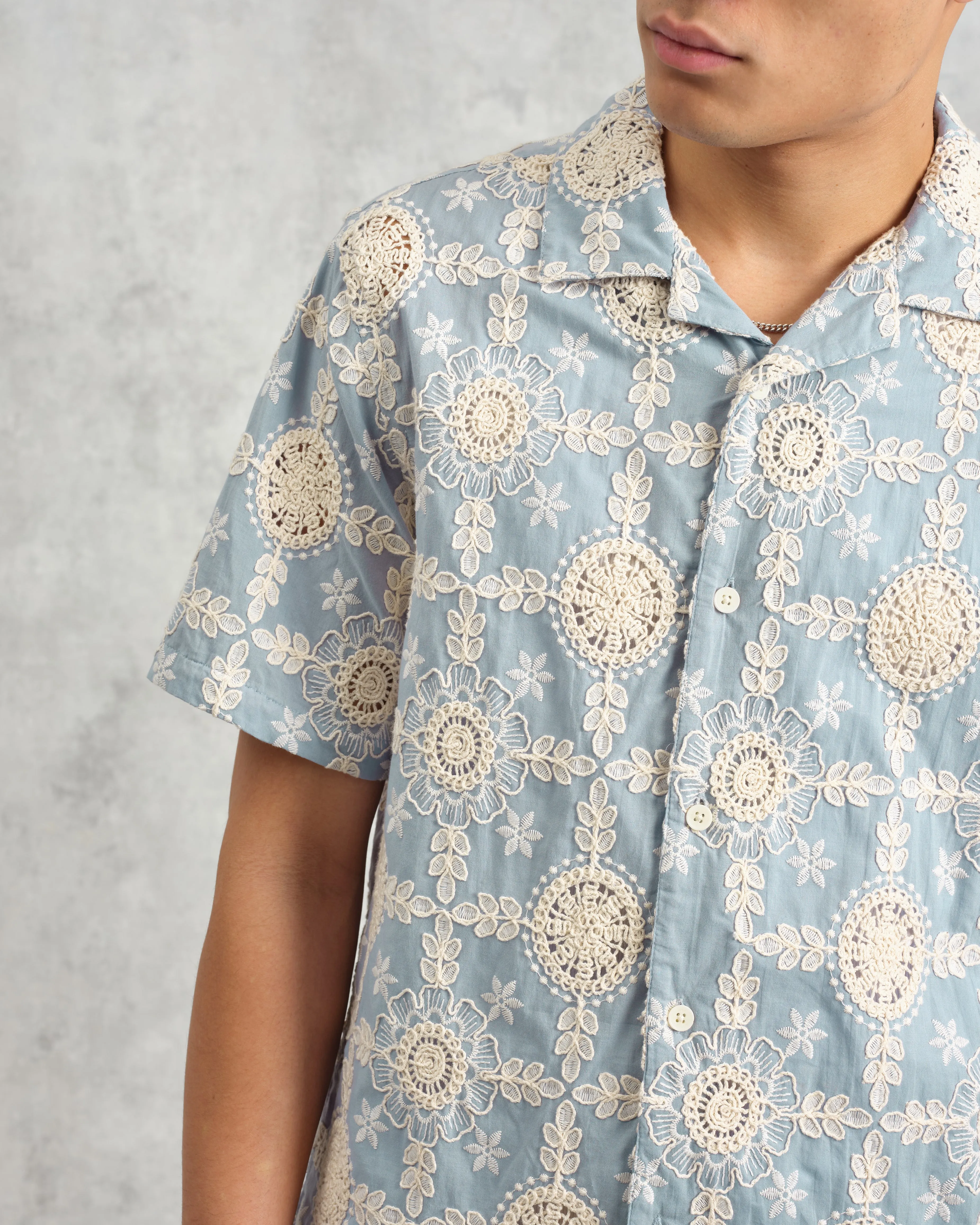 Didcot - Pale Blue Intricate Lace Short-Sleeve Shirt sold by Wax London product image thumbnail 3
