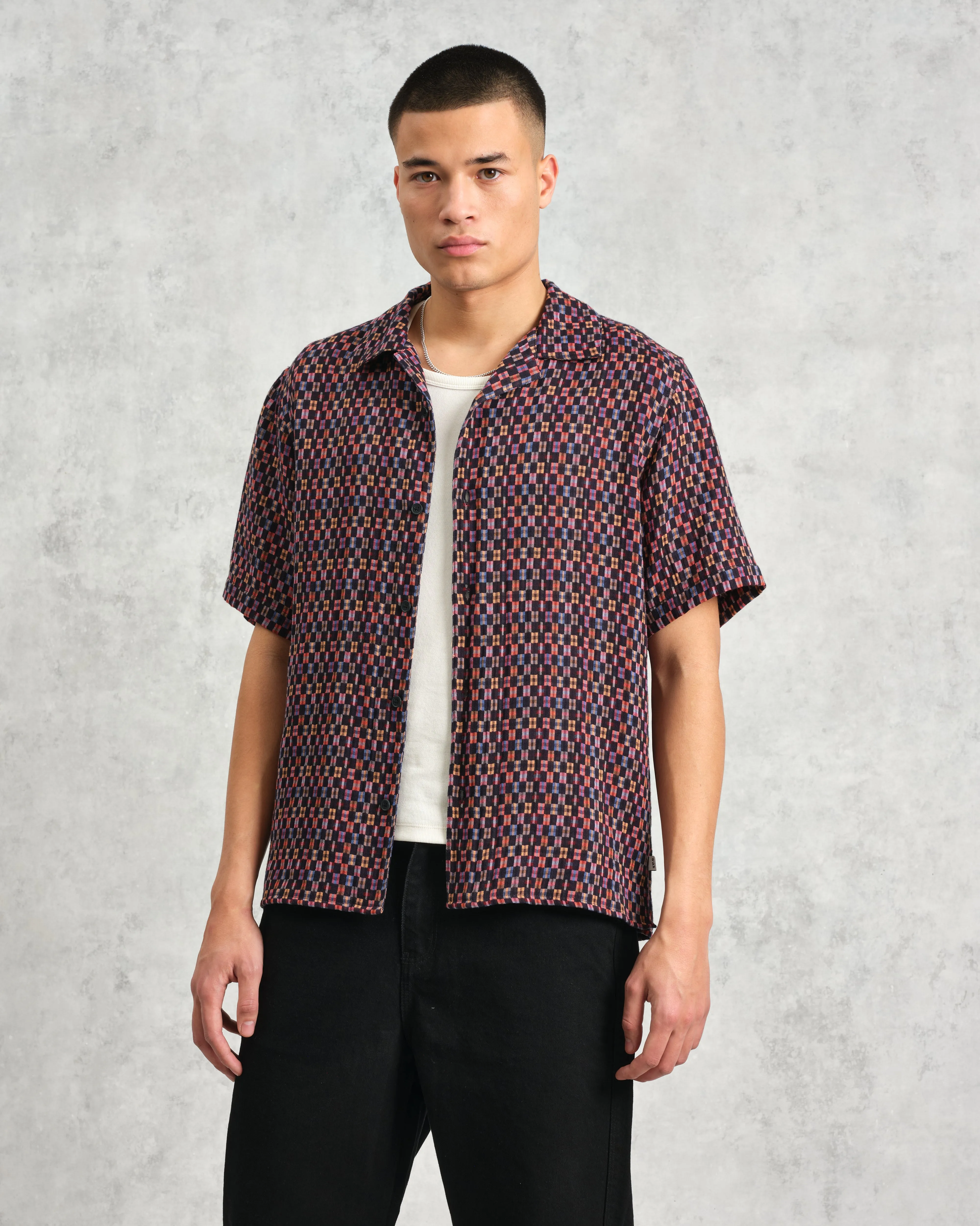 Didcot - Navy And Multicolour Geometric Short-Sleeve Shirt sold by Wax London product image thumbnail 2