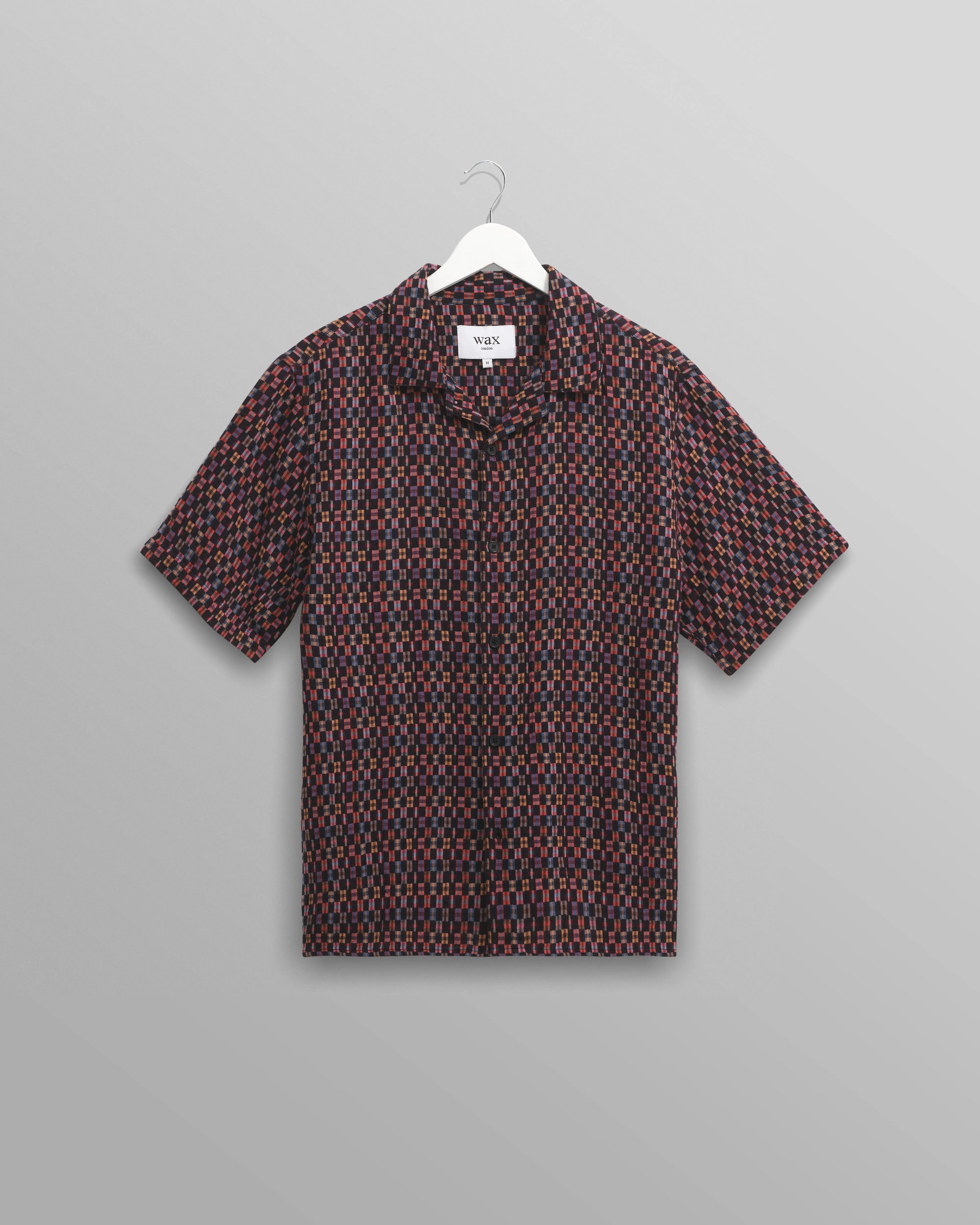 Didcot - Navy And Multicolour Geometric Short-Sleeve Shirt sold by Wax London