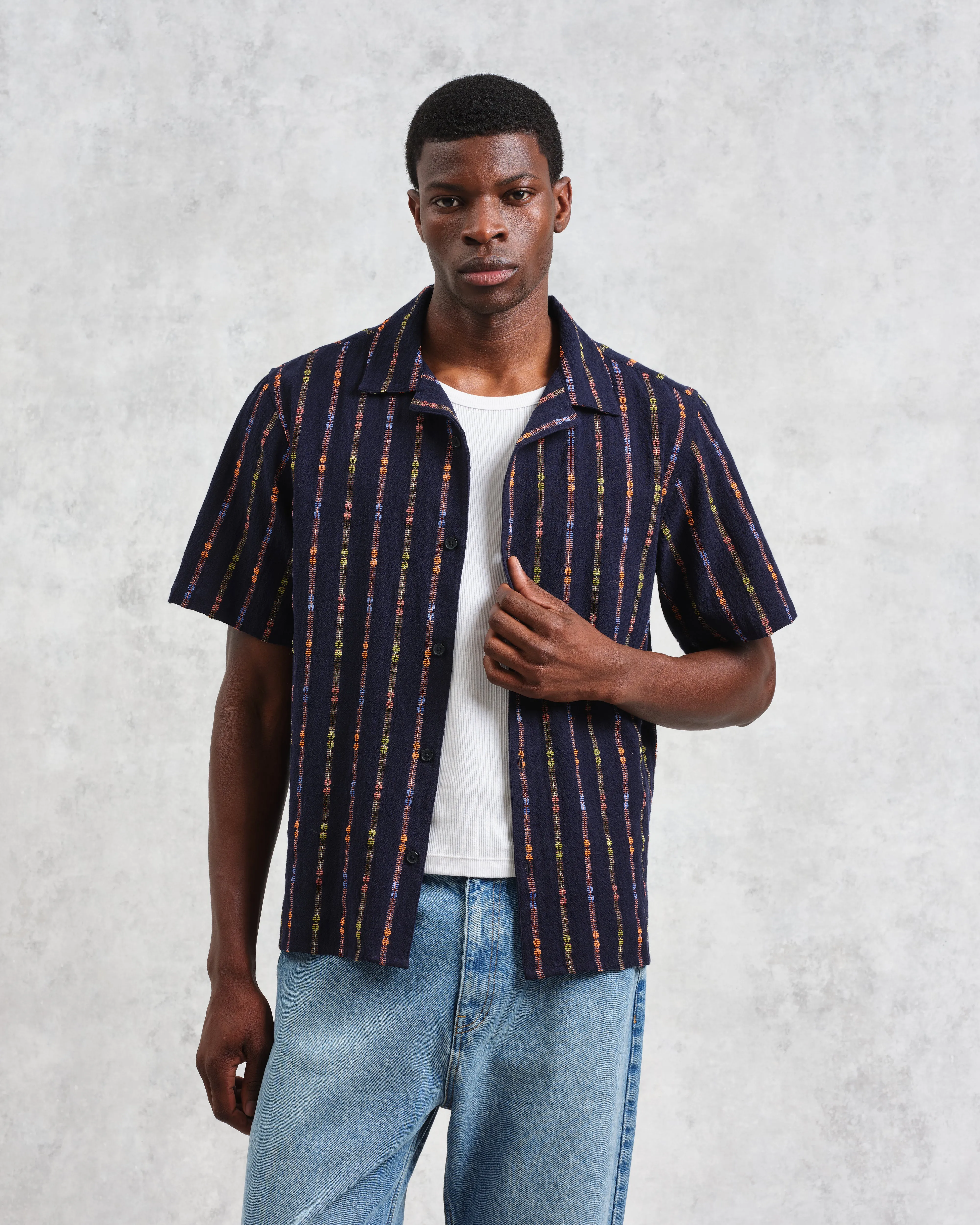 Didcot - Navy Stripe Short-Sleeve Shirt sold by Wax London product image thumbnail 2