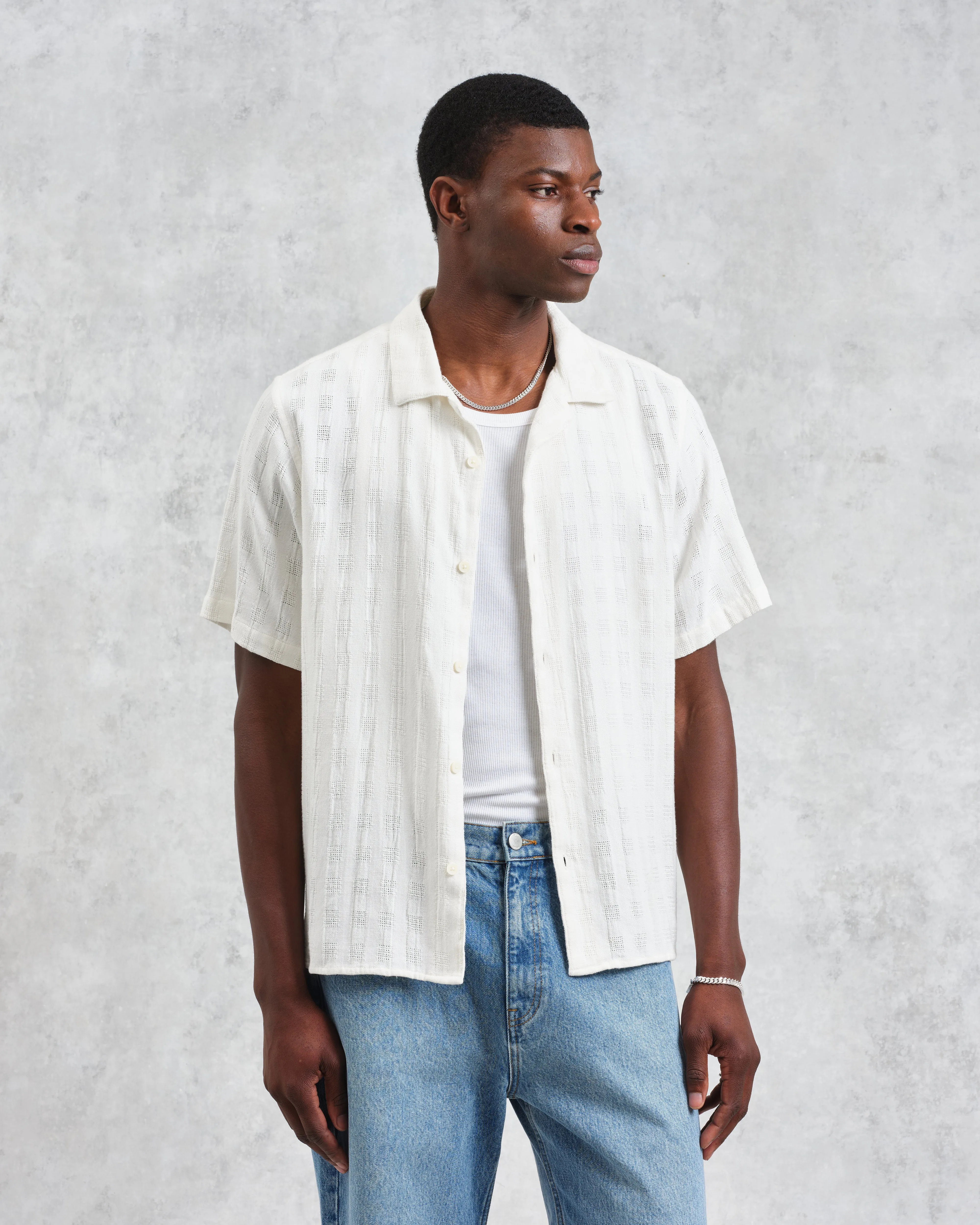 Didcot - Ecru Open Weave Cotton Short-Sleeve Shirt sold by Wax London product image thumbnail 2