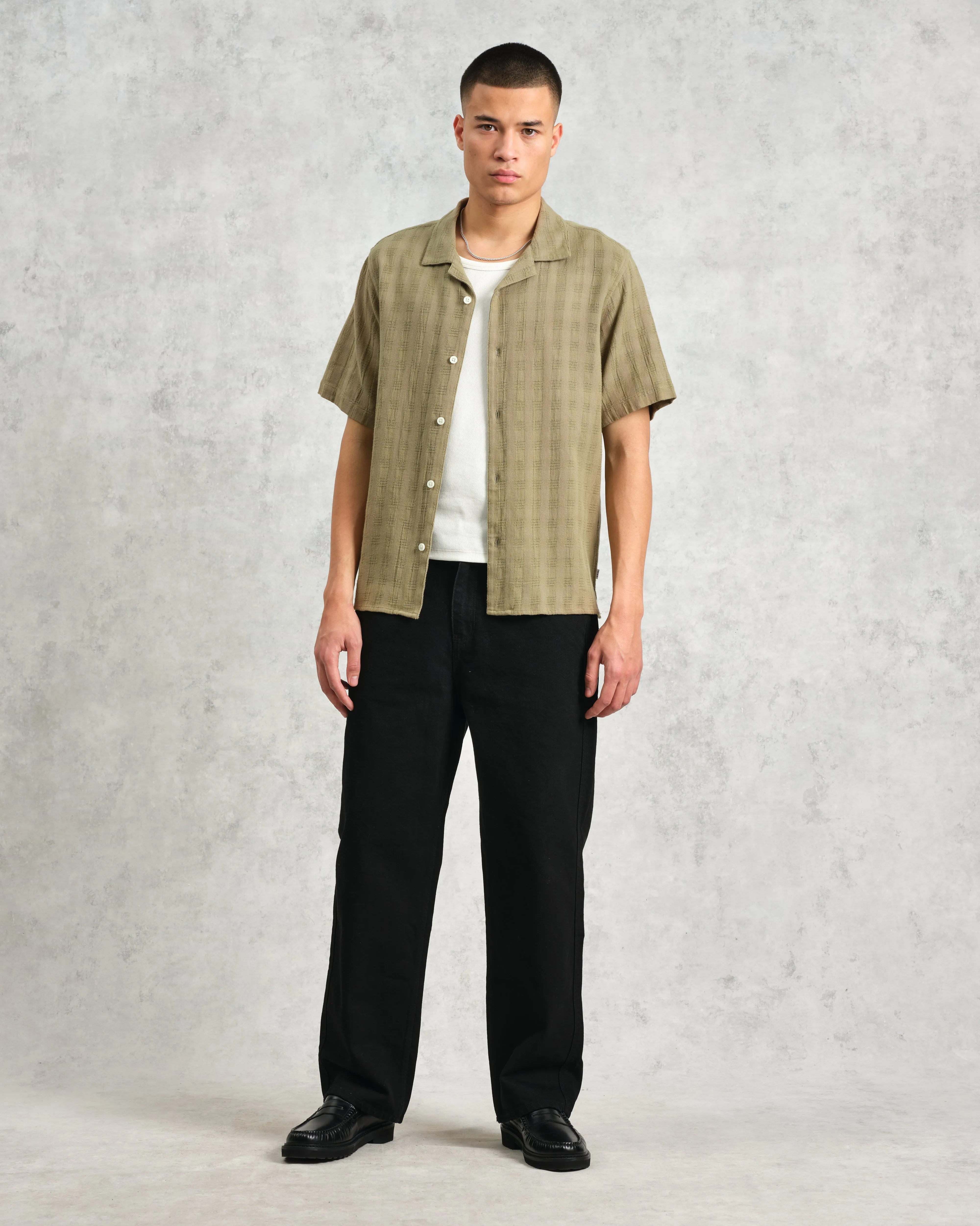 Didcot - Khaki Open Weave Cotton Short-Sleeve Shirt sold by Wax London product image thumbnail 4